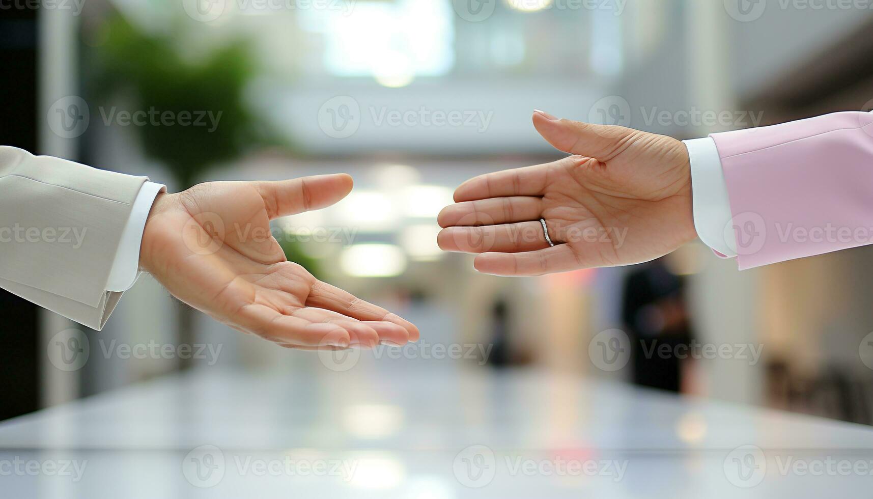 AI generated Businessman and businesswoman shaking hands in successful office agreement generated by AI photo