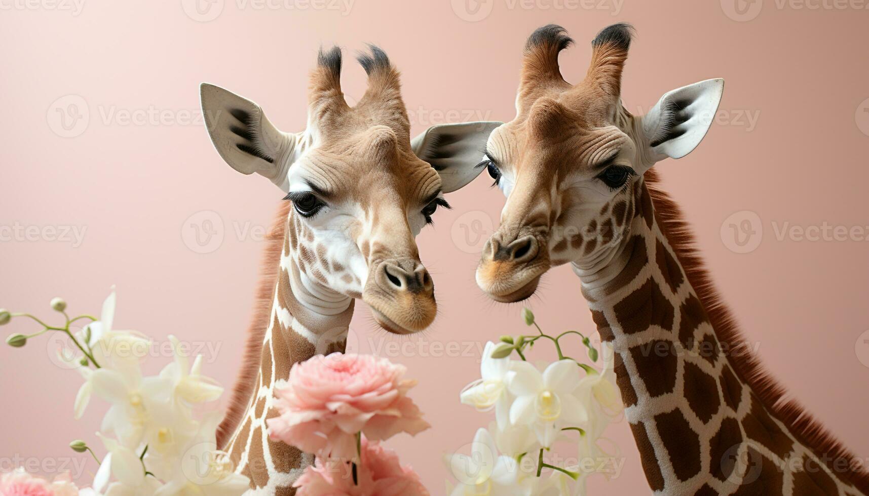 AI generated Cute giraffe looking at camera, surrounded by beautiful flowers generated by AI photo