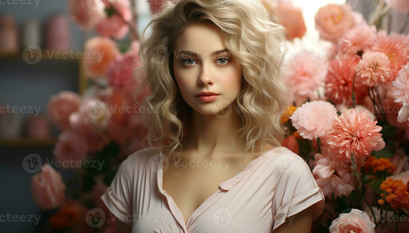 AI generated Beautiful blond woman with curly hair, looking at camera, indoors generated by AI photo