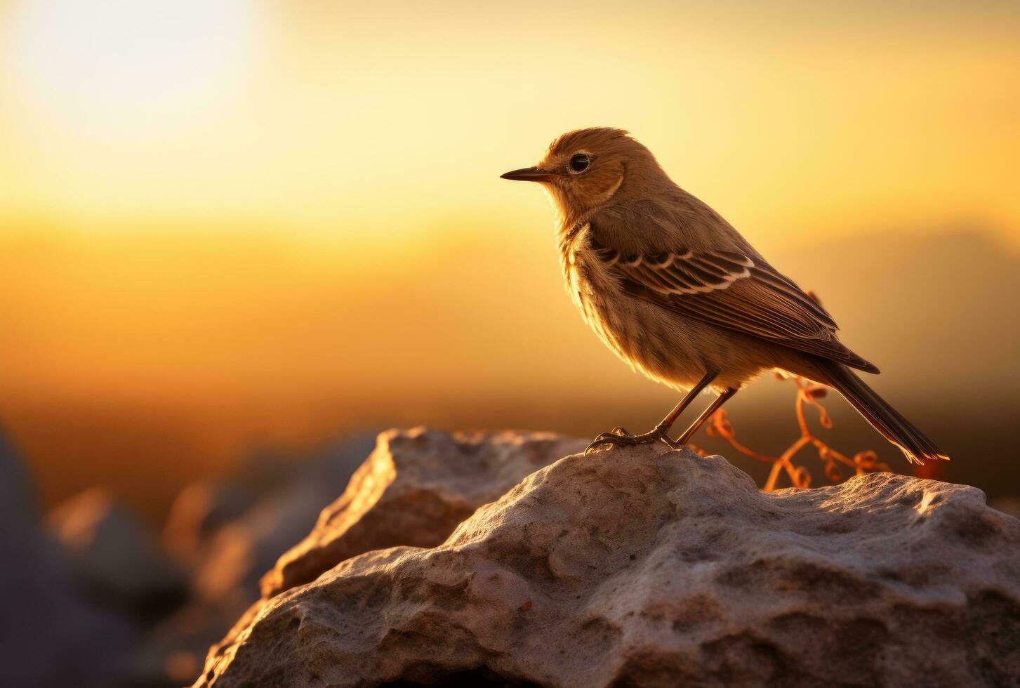 AI generated a bird sits ontop a rock, with the sun setting behind it photo