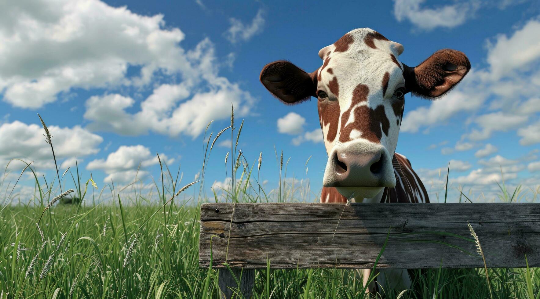 AI generated an isolated cow standing in front of a wooden table with grass and farmland photo