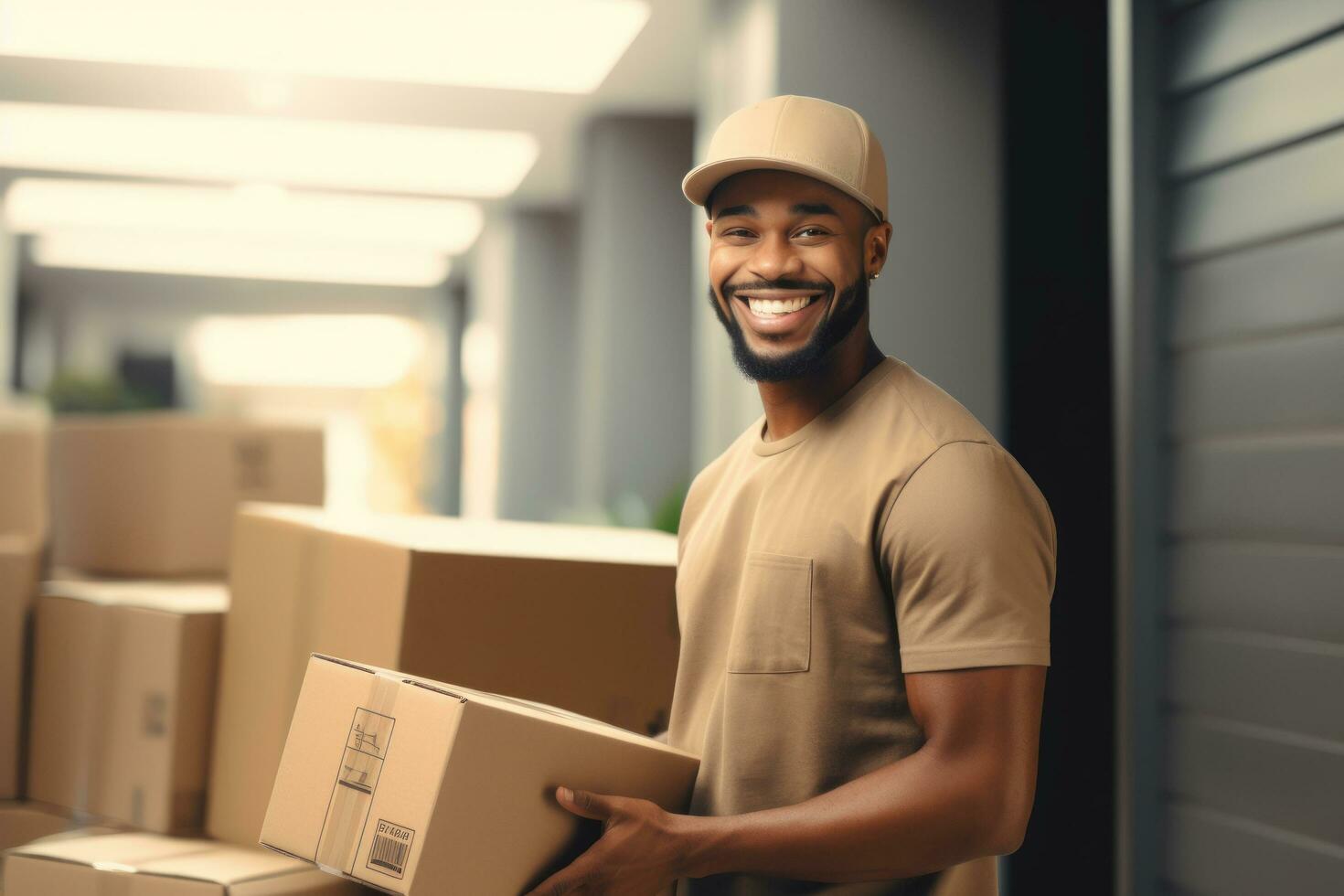 AI generated a black delivery man holding a package photo