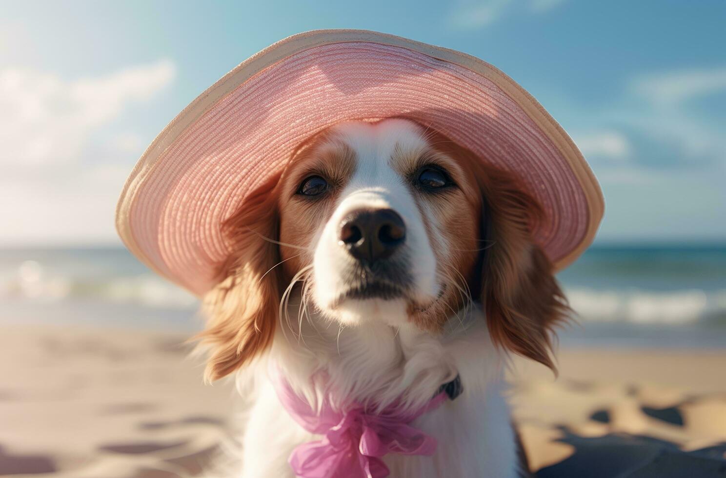 AI generated a dog wearing a pink hat and sunglasses on a beach photo