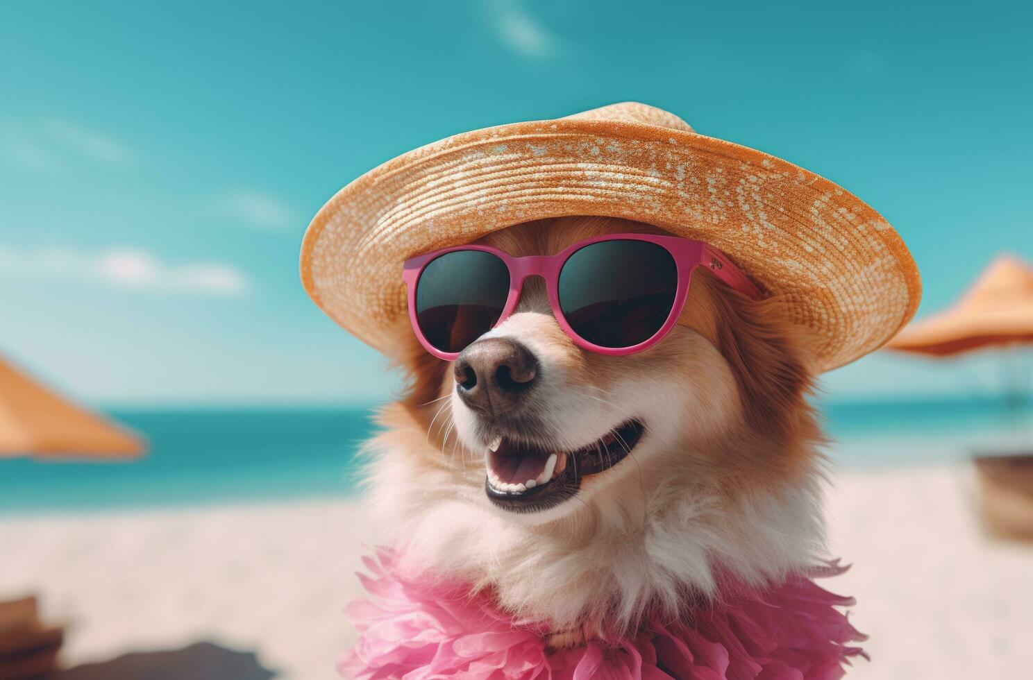 AI generated a dog wearing a pink hat and sunglasses on a beach photo