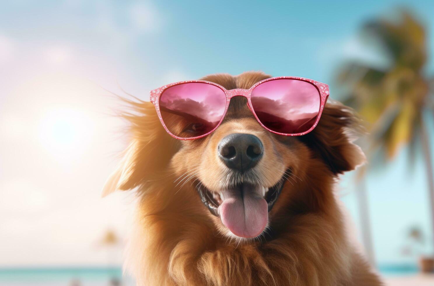 AI generated a dog wearing a pink hat and sunglasses on a beach photo
