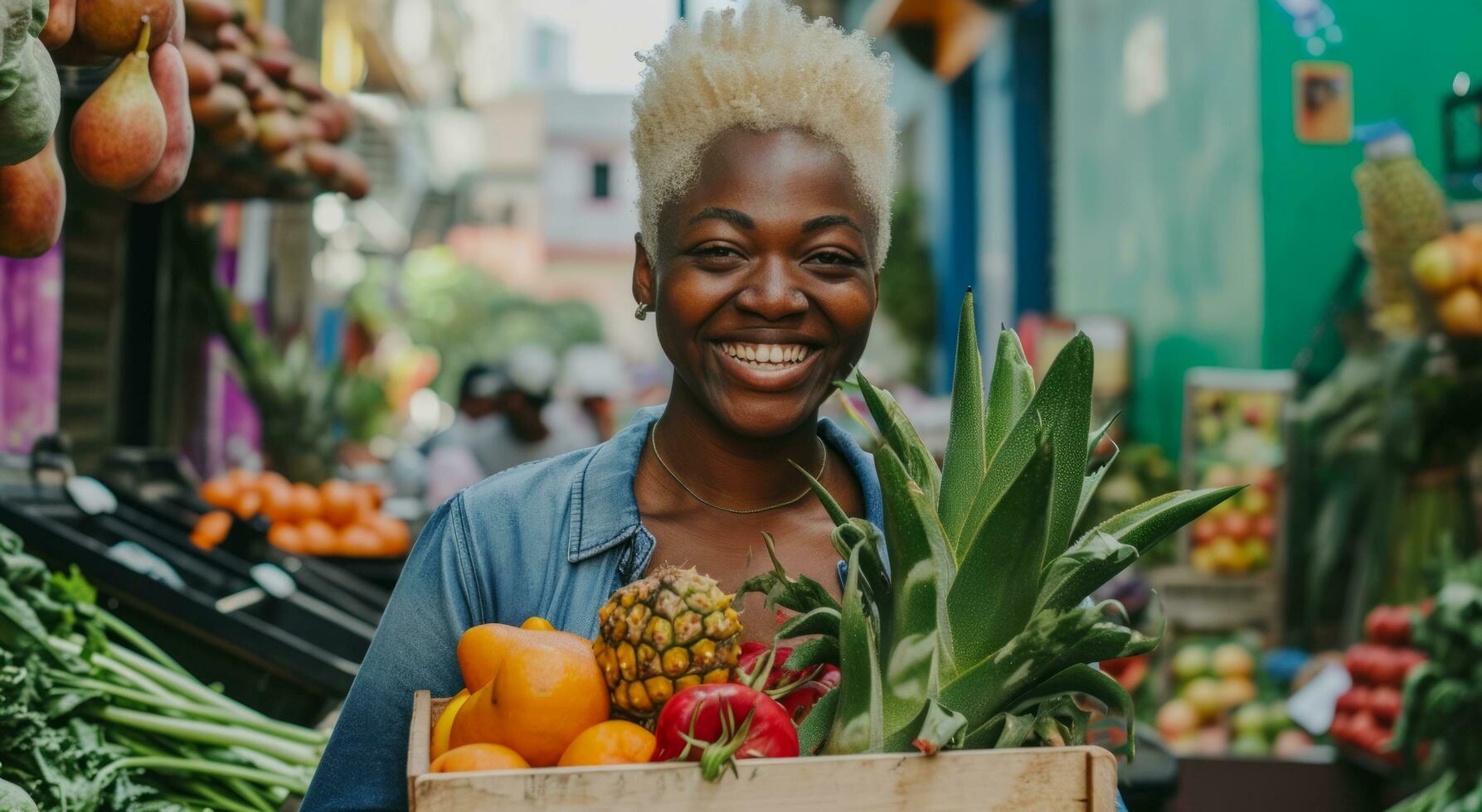 ai generado un espumoso rubia sonrisas en ciudad mercado calle mientras que lleva un grande de madera caja de vegetal foto