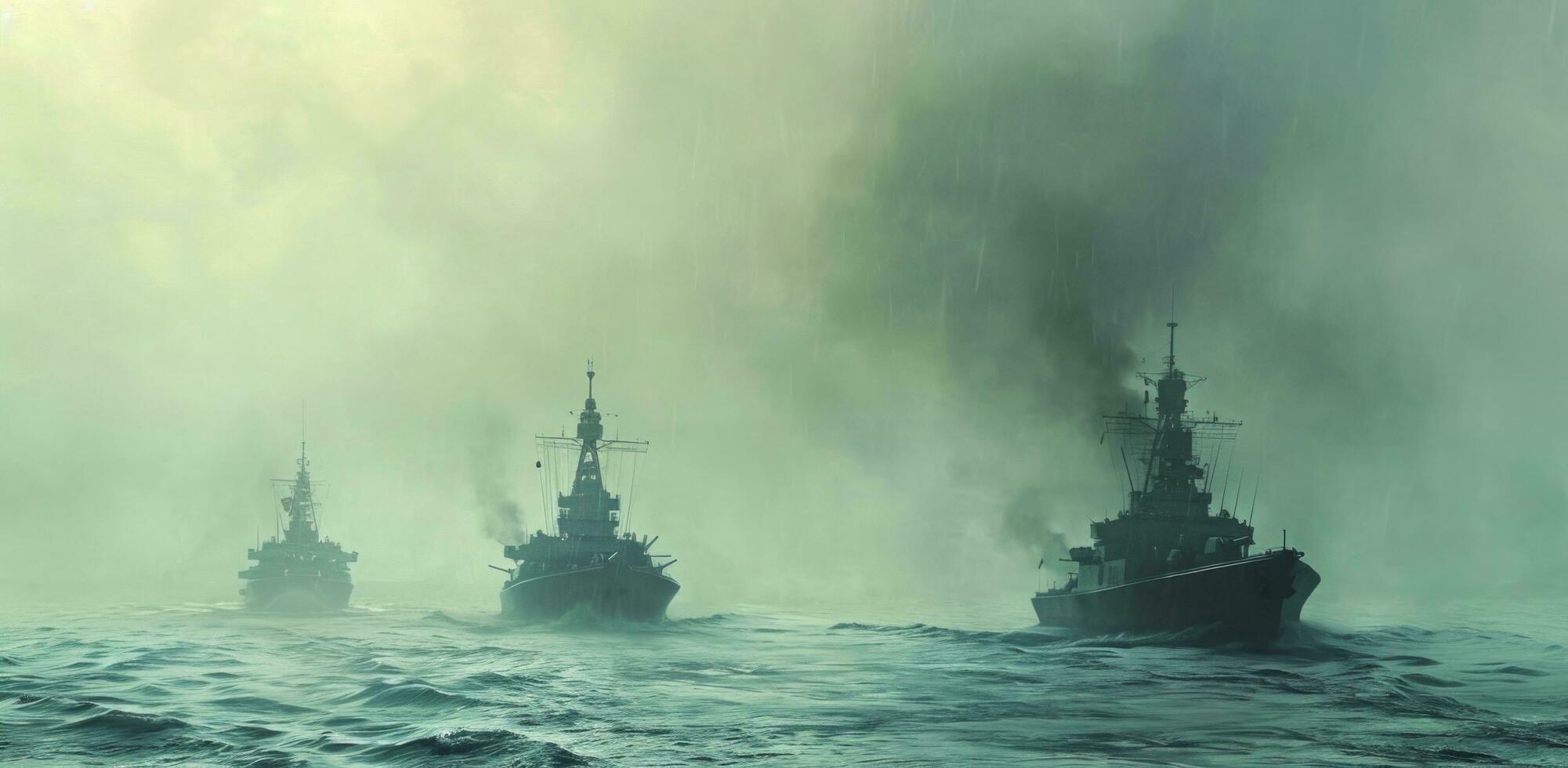 AI generated four large boats on the ocean in hazy water photo