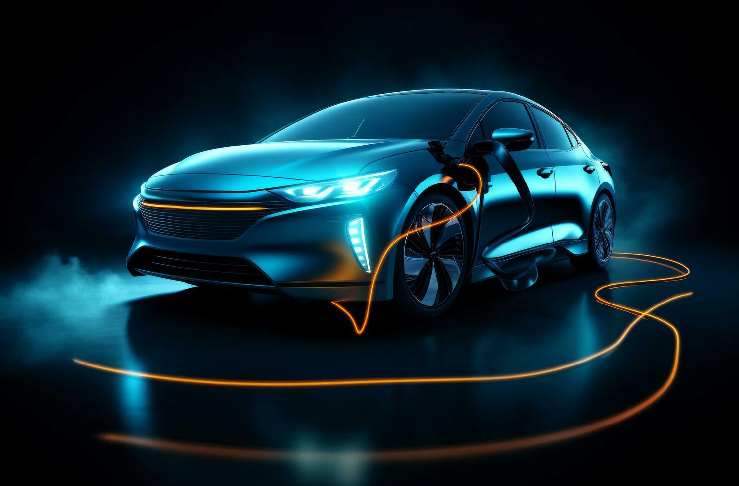 AI generated a blue car with an electric plug plugged into it photo