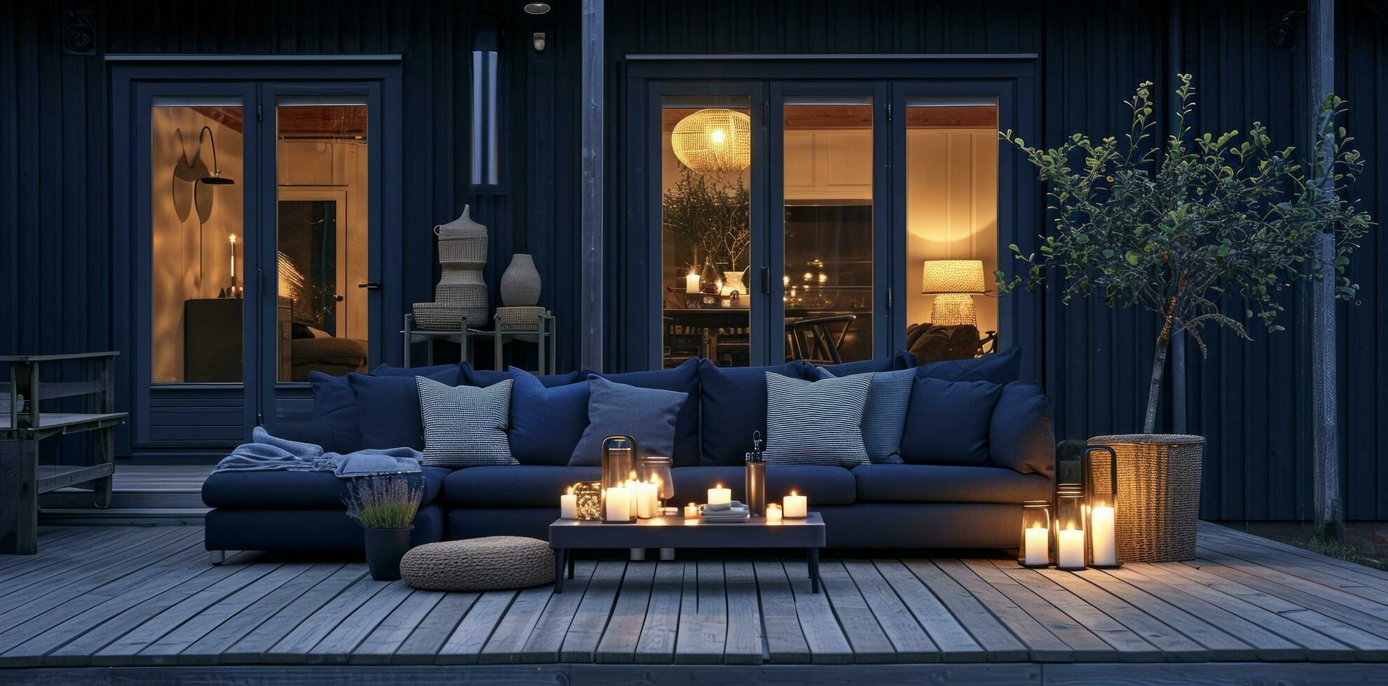 AI generated a sofa and candles on an outdoor patio photo