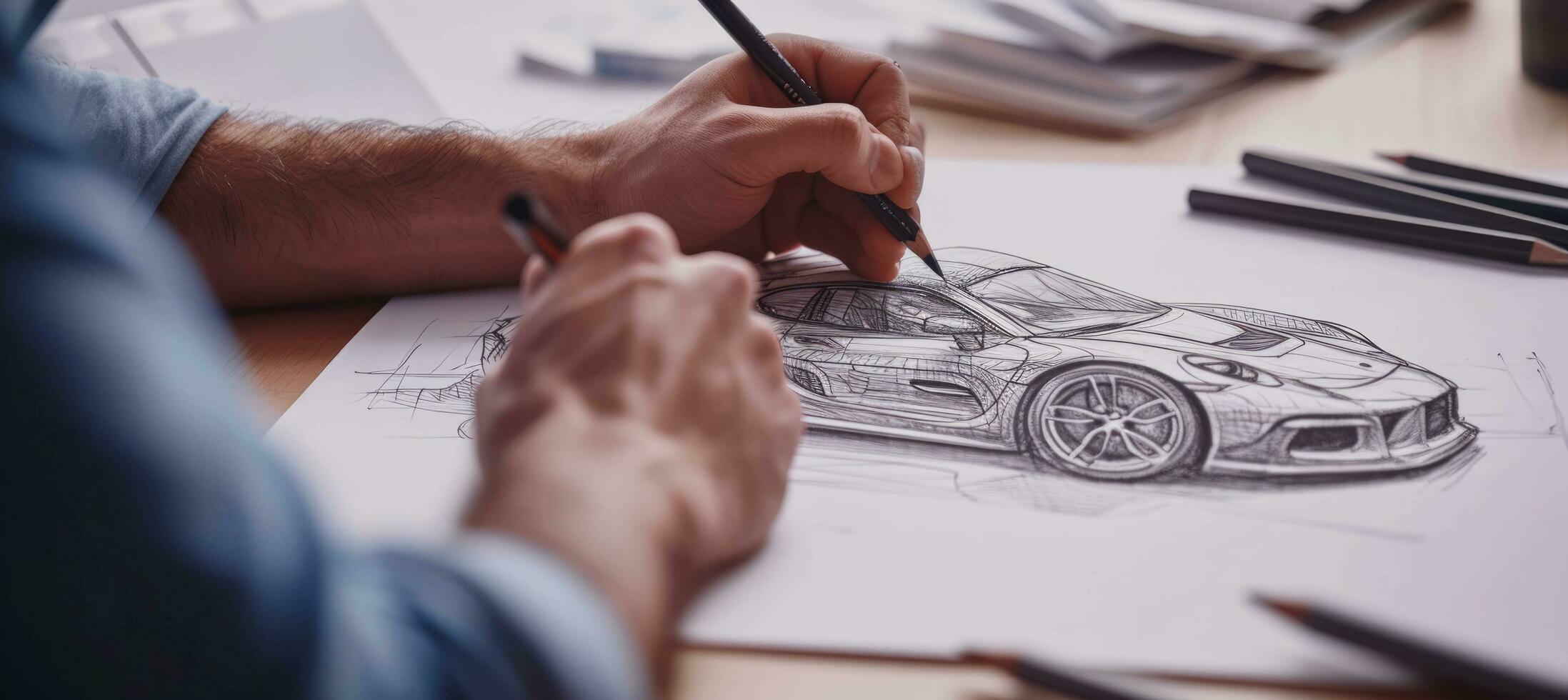 AI generated a man drawing a car on paper photo