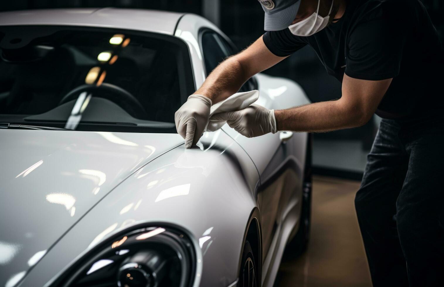 AI generated a man in a white suit is cleaning a black car photo