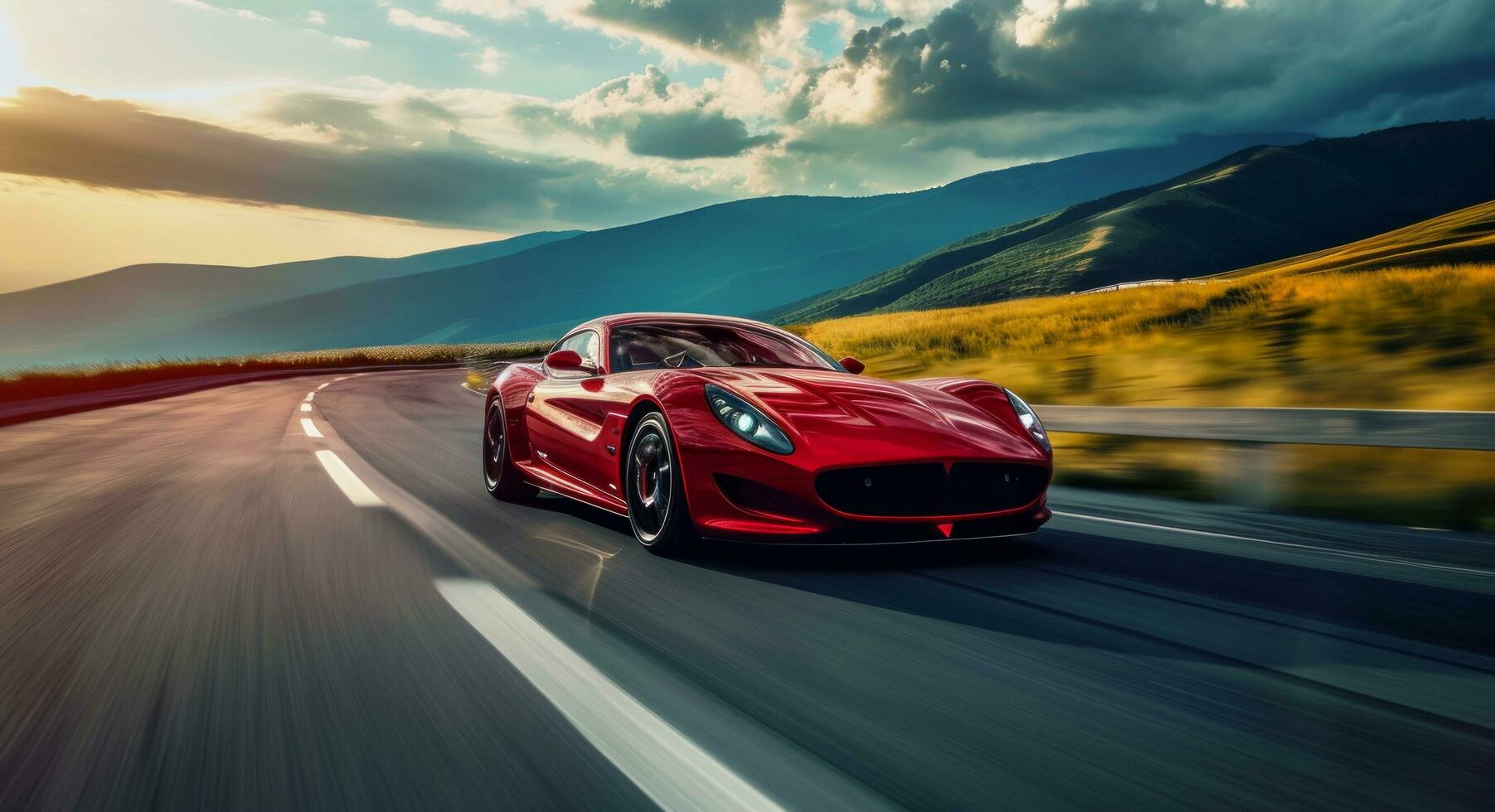 AI generated a red sports car is driving down a road photo