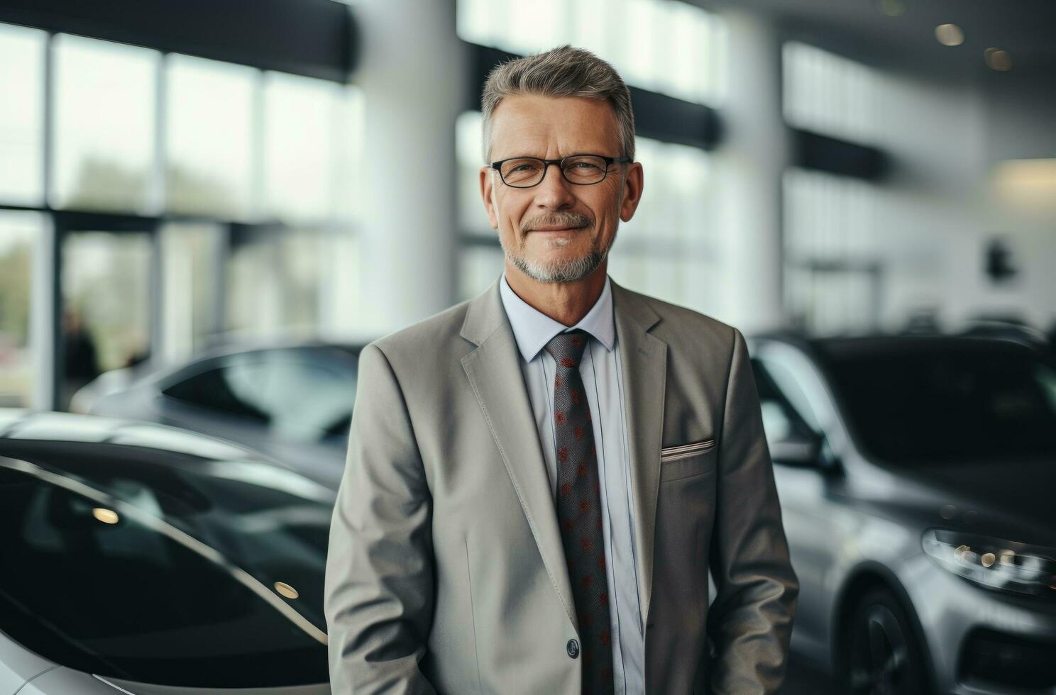 AI generated a businessman standing in front of a car showroom photo
