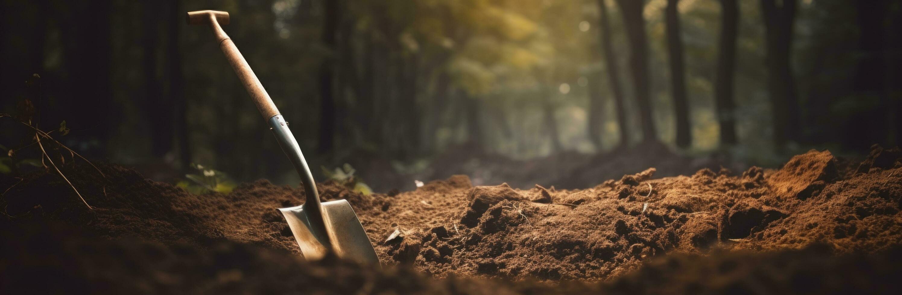 AI generated a shovel digging the ground in woodlands concept of nature on the ground photo