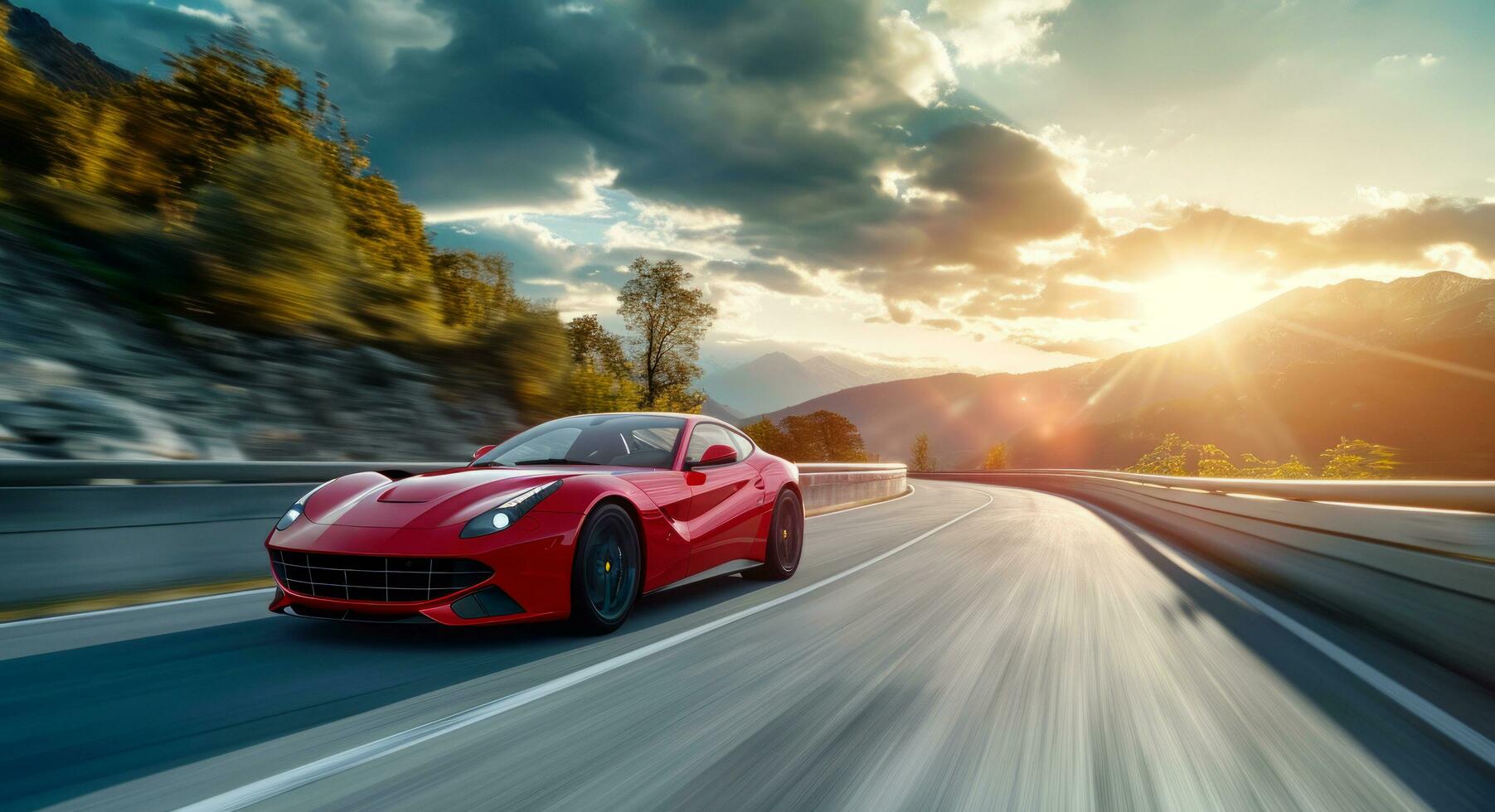 AI generated a red sports car drives on the road photo