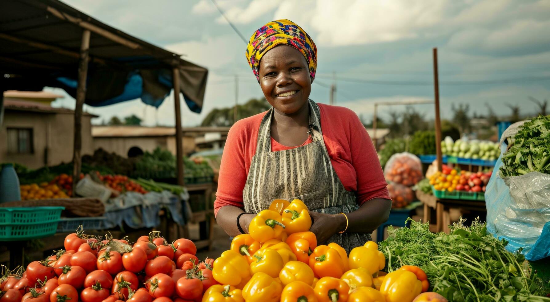 AI generated a woman selling fruits and vegetables at an outdoor market photo