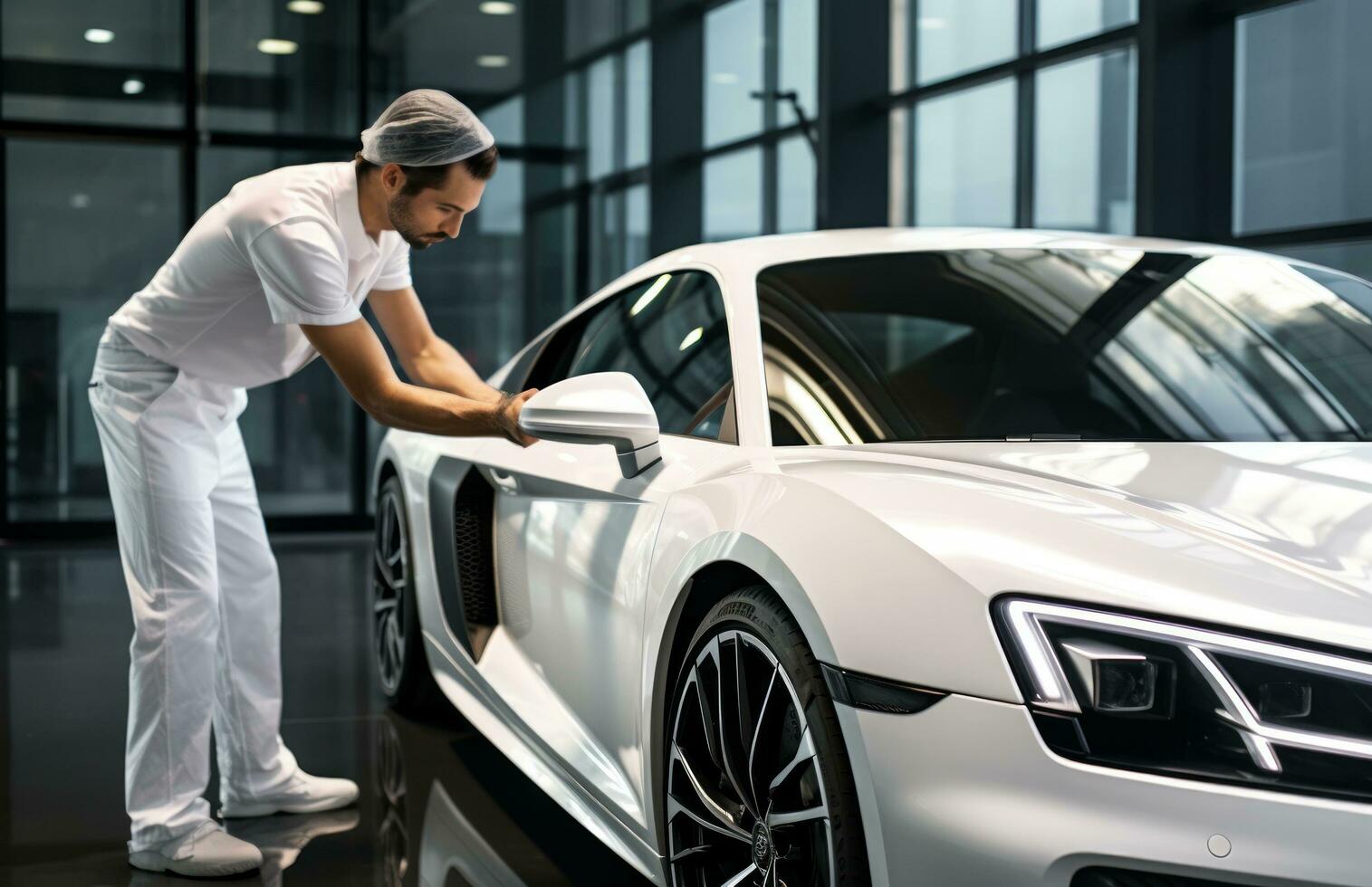 AI generated a man in a white suit is cleaning a black car photo