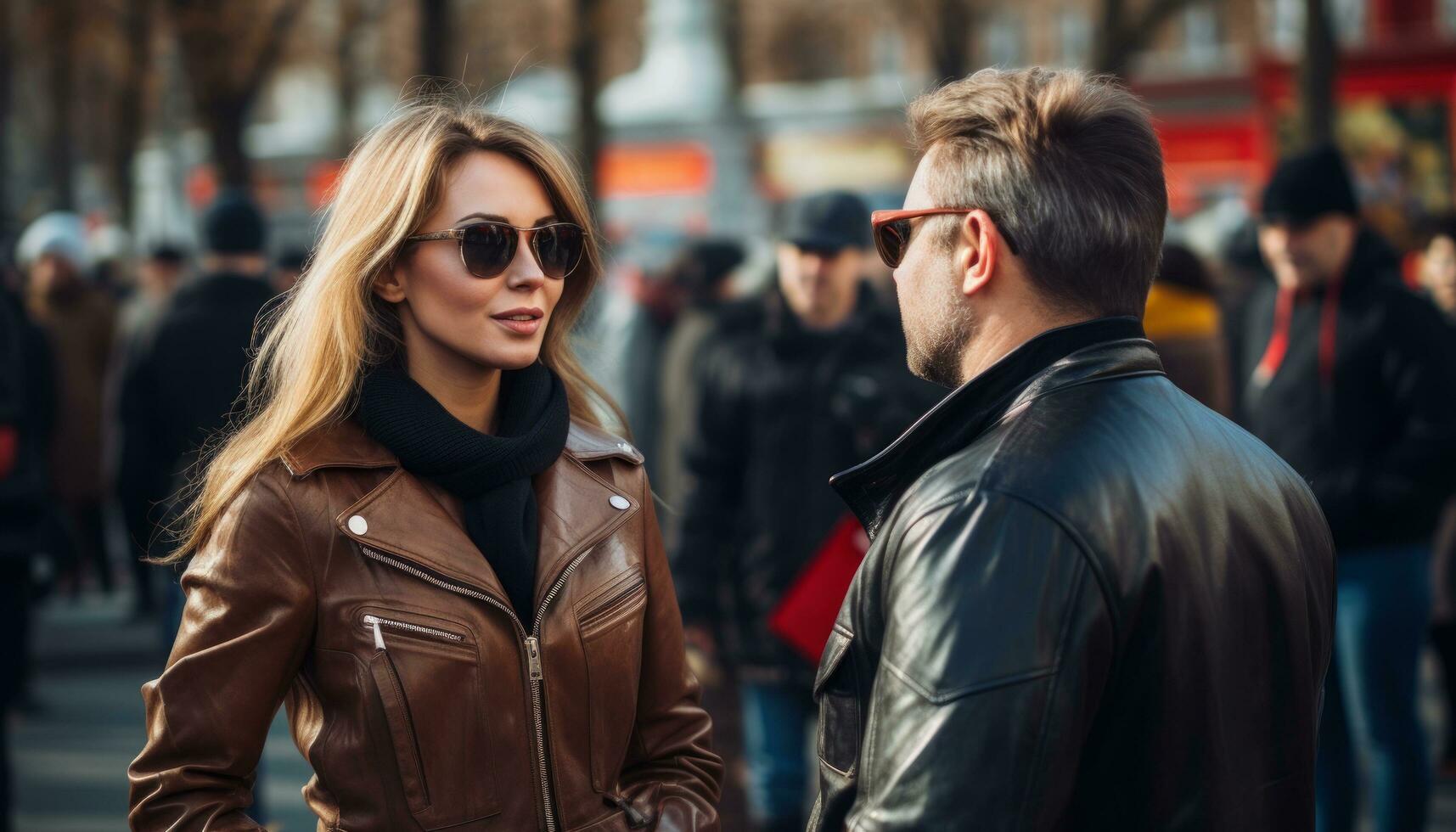 AI generated a woman wearing sunglasses talks with a reporter preparing to talk with politician photo