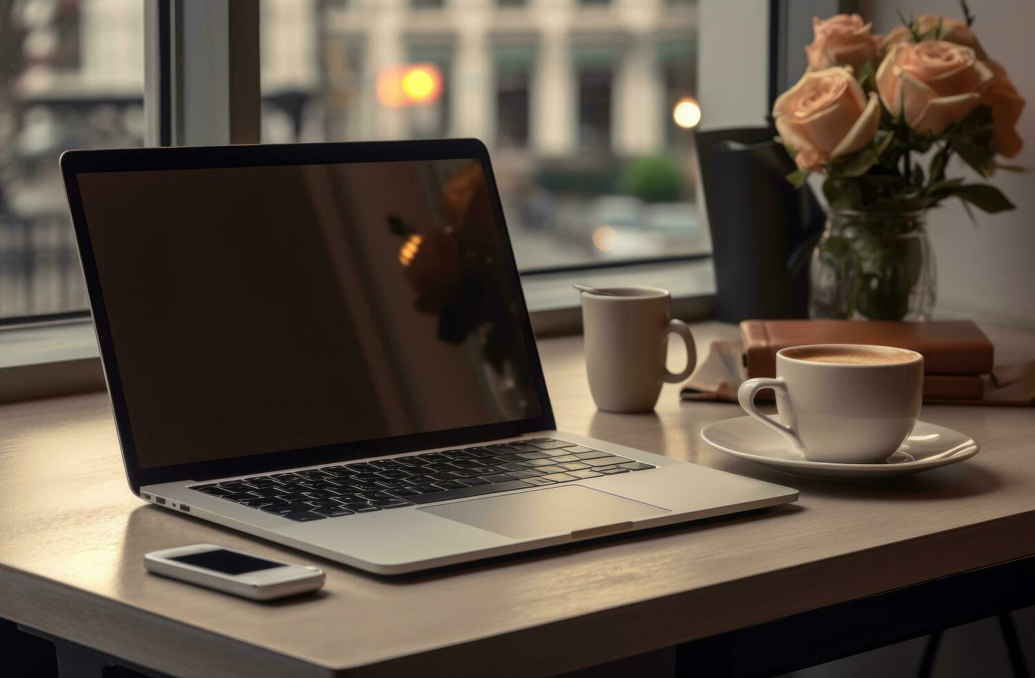 AI generated a laptop is set on a table next to coffee and other essential items photo