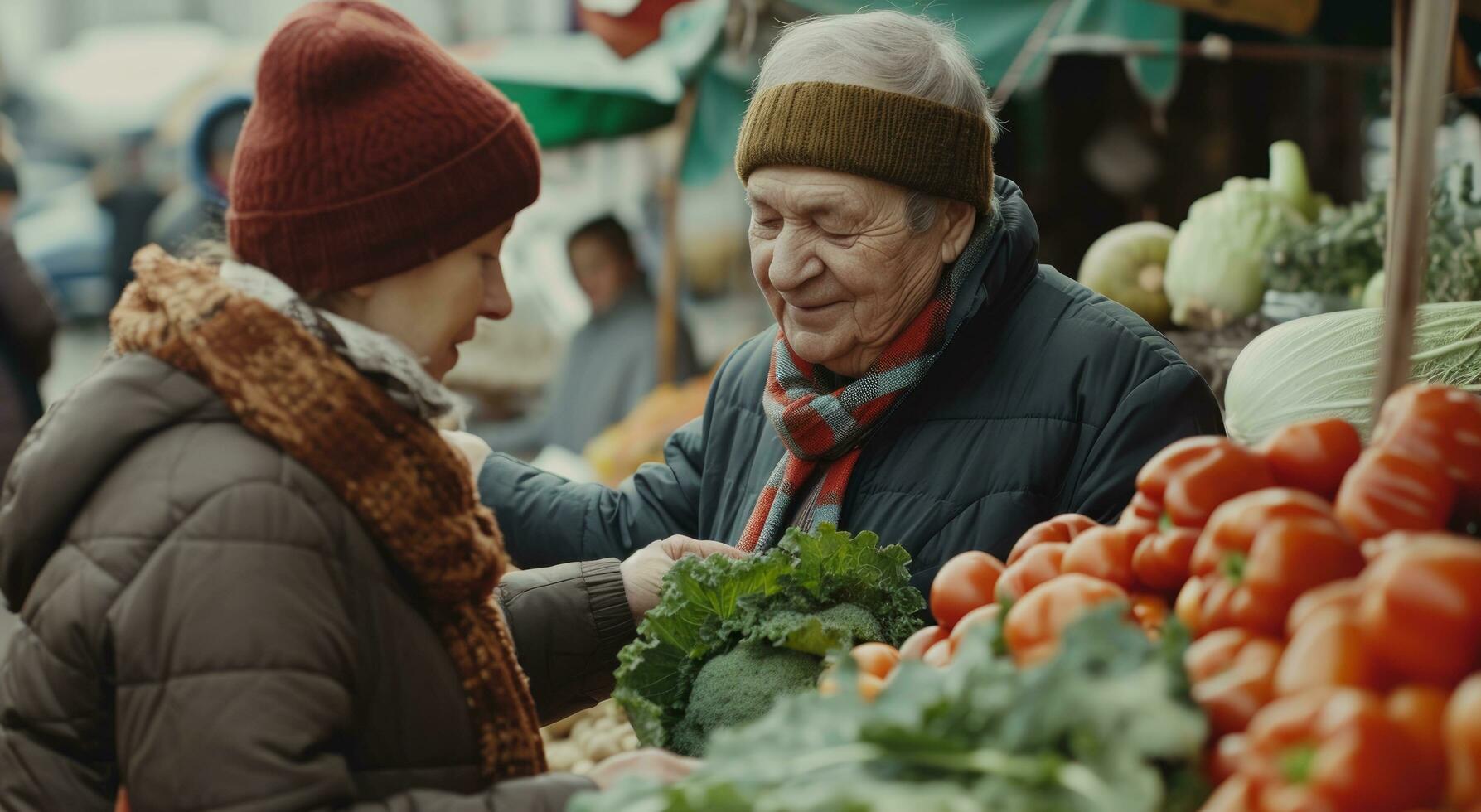 AI generated a woman and an older man buying vegetables at a farmers market photo