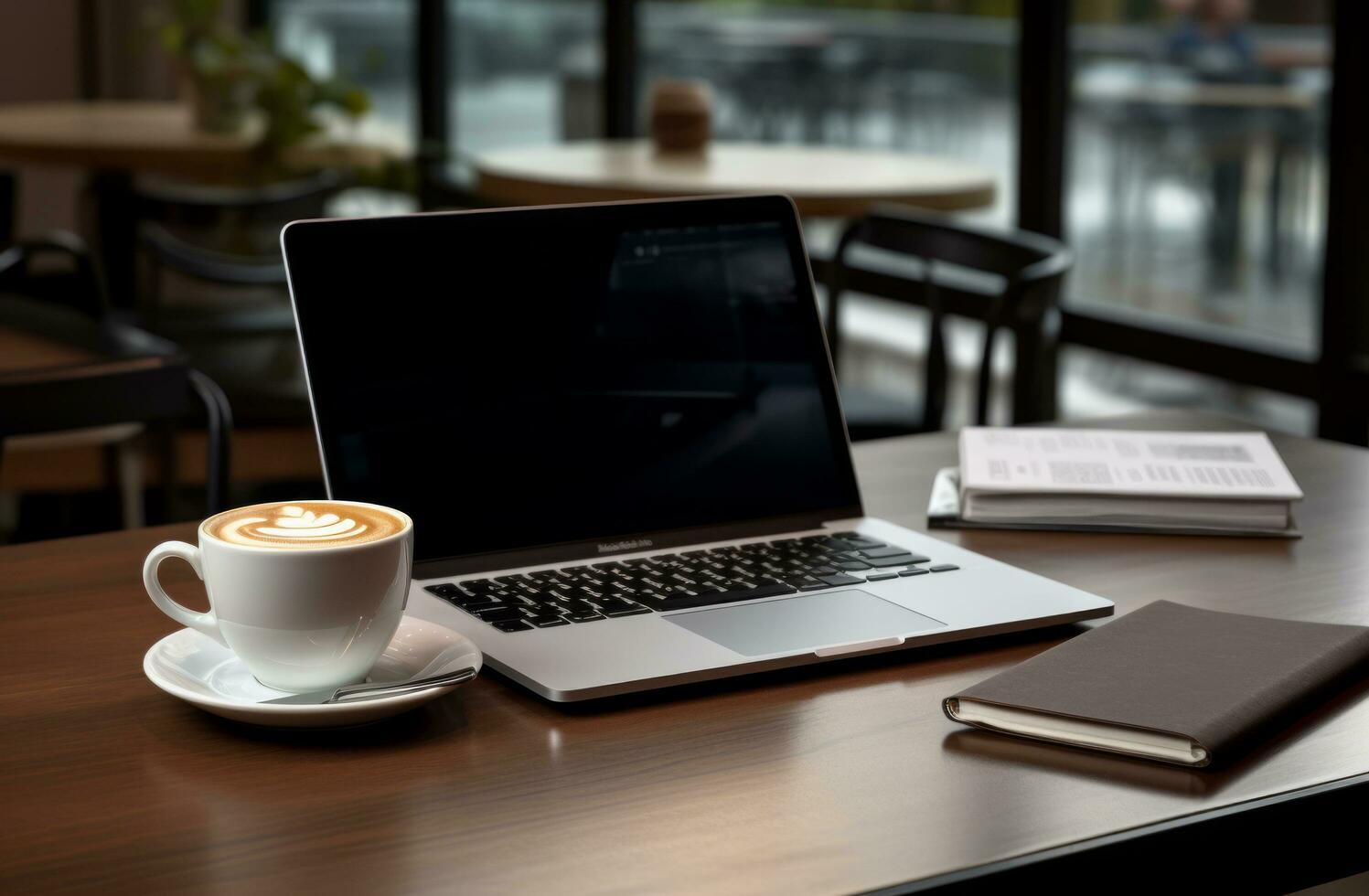 AI generated a laptop is set on a table next to coffee and other essential items photo