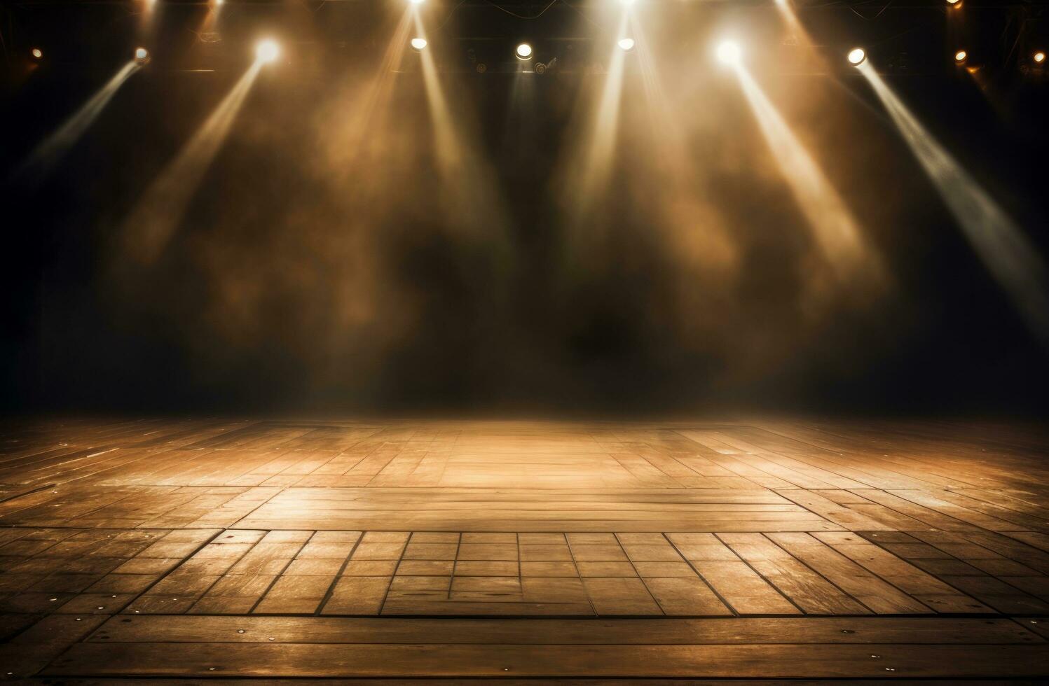 AI generated a stage with spotlights and a wooden floor photo