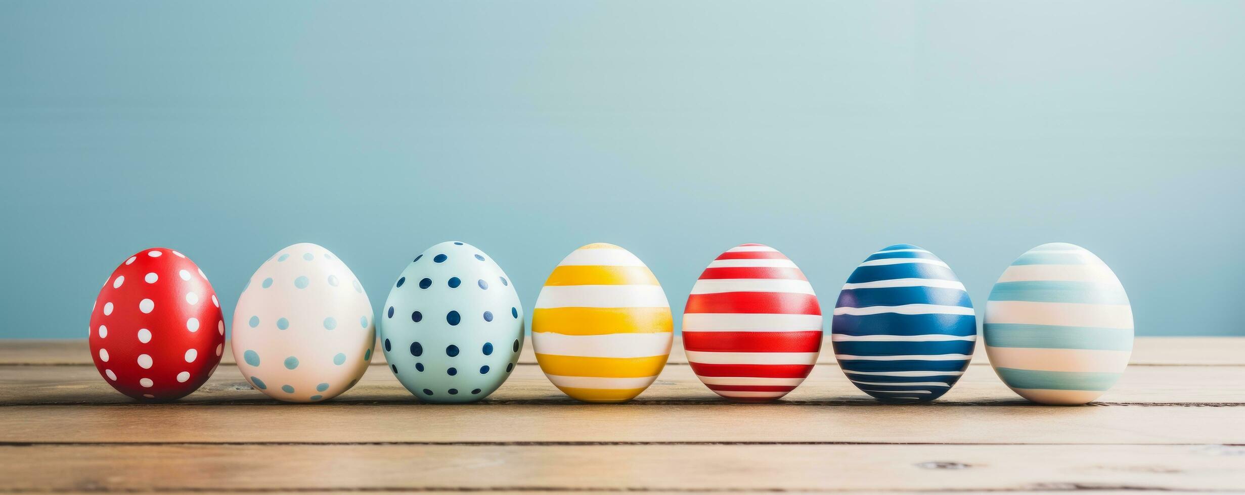 AI generated colorful easter eggs lined up on a wooden table photo