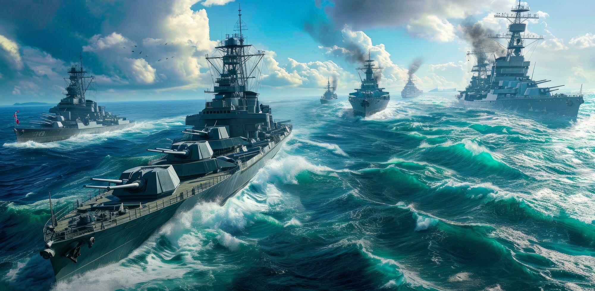 AI generated naval battleships sailing along the ocean photo