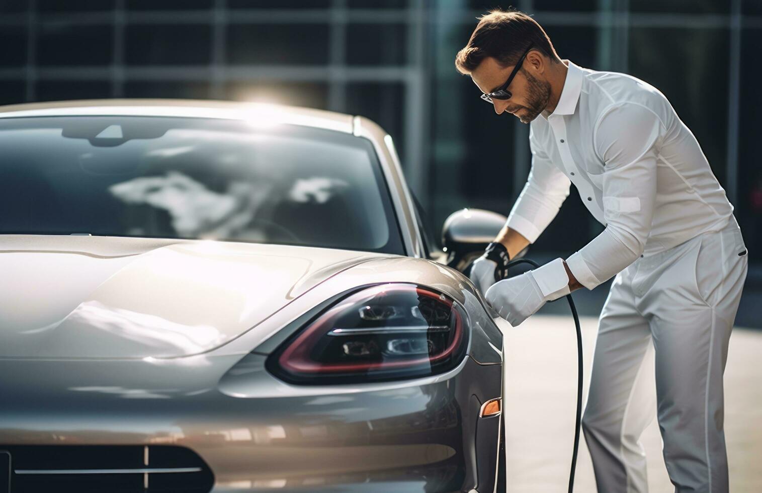 AI generated a man in a white suit is cleaning a black car photo