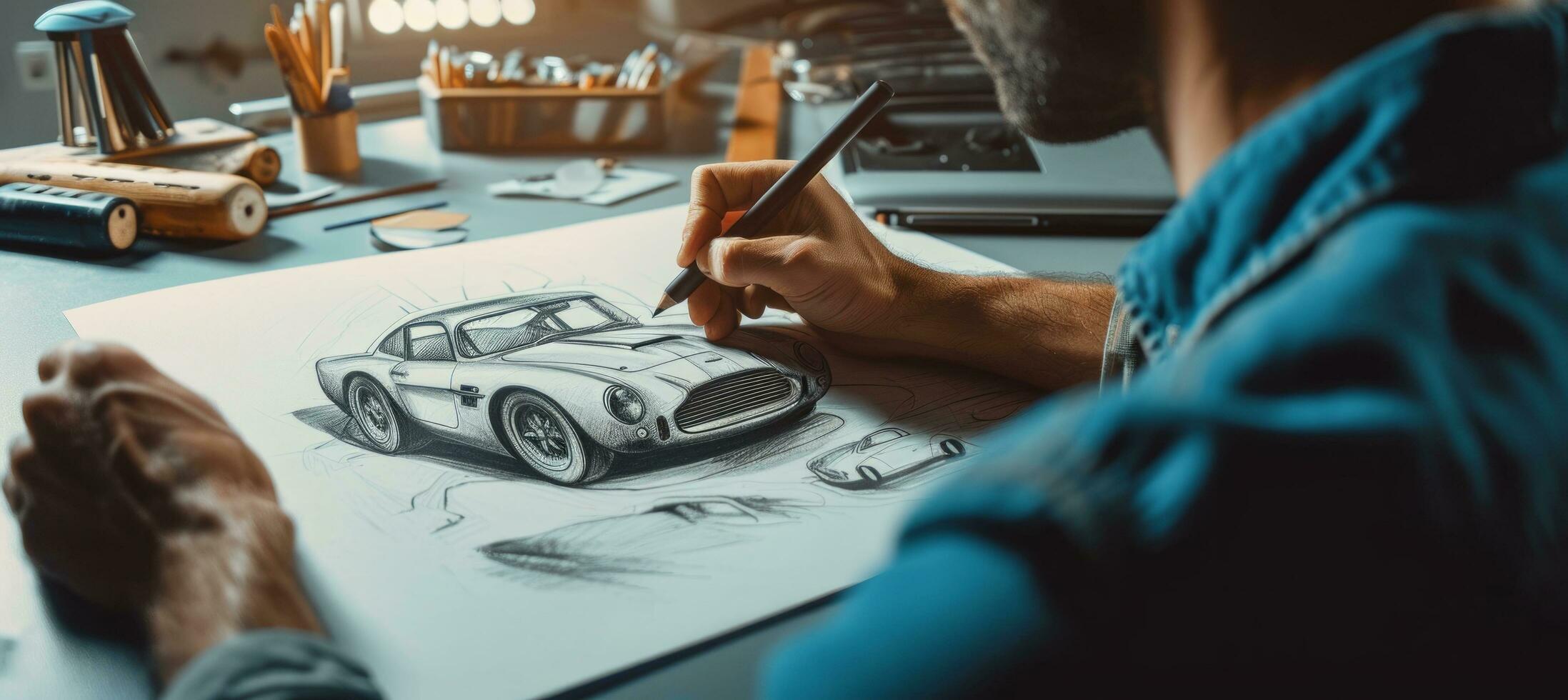 AI generated a man drawing a car on paper photo