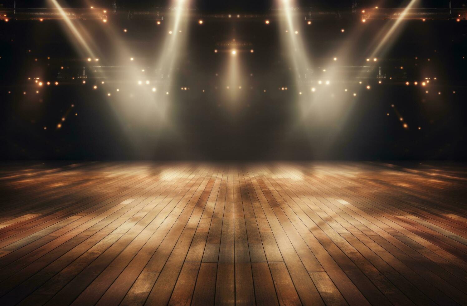 AI generated a stage with spotlights and a wooden floor photo