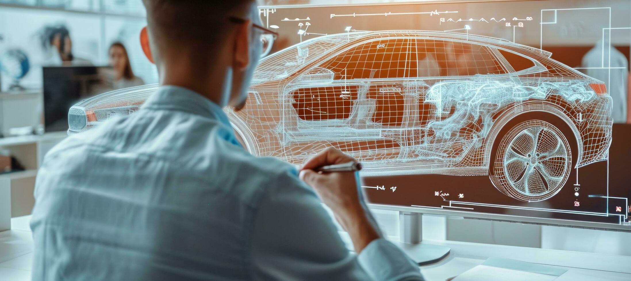 AI generated man is drawing a car in front of a mirror photo