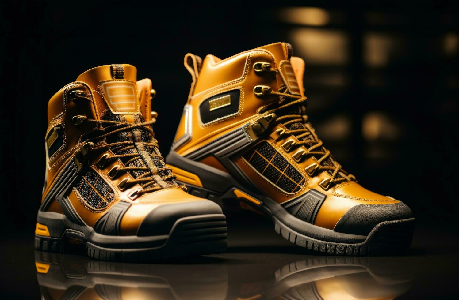 AI generated golden work boots with reflective linings and ankle support photo