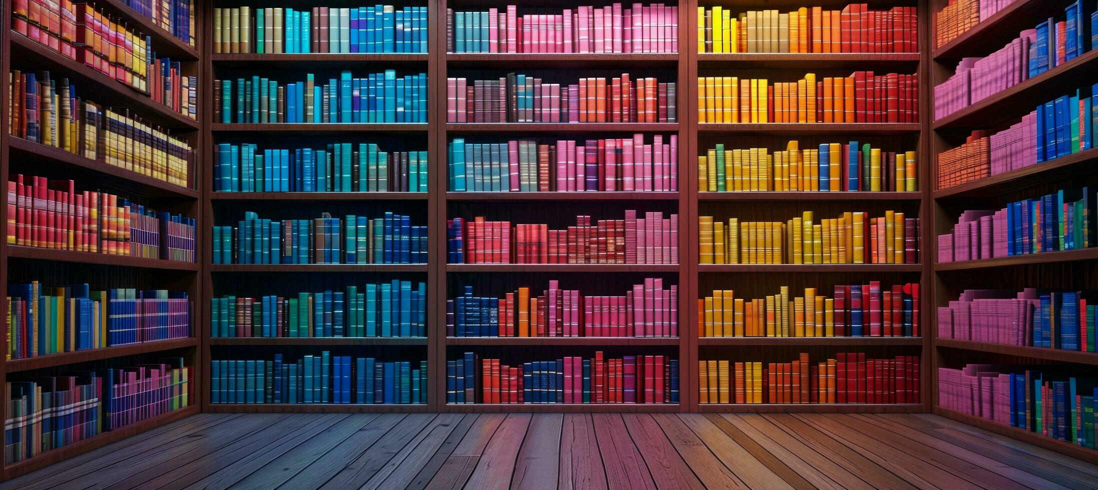 ai generado biblioteca con muchos vistoso libros en frente de estantería foto