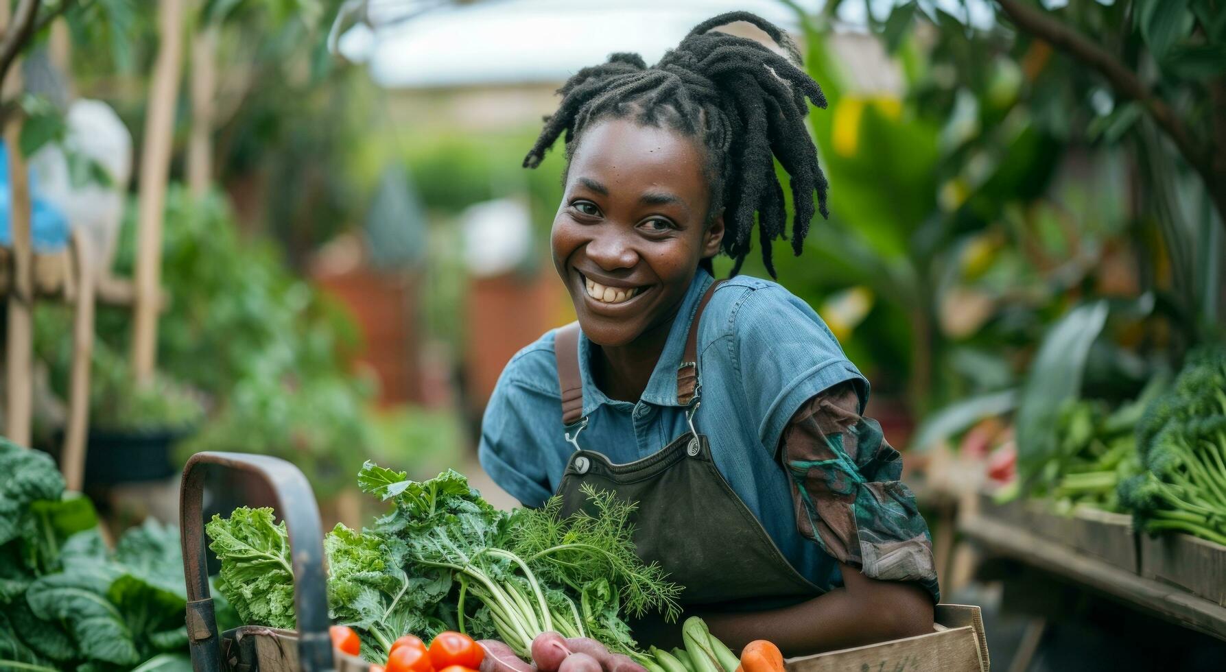 ai generado hembra urbano granjero sonriente con carro conteniendo vegetales foto