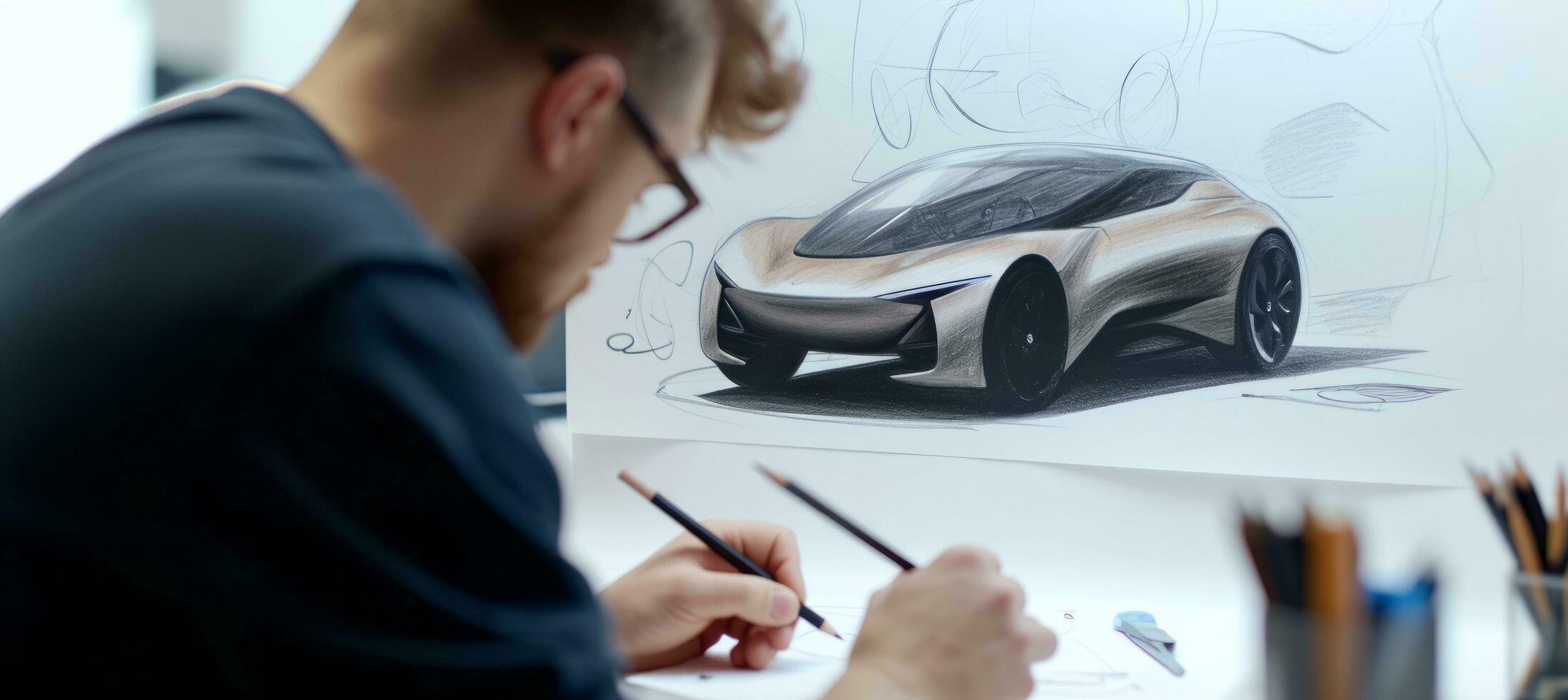 AI generated man drawing with pencils in his face sketching a car photo