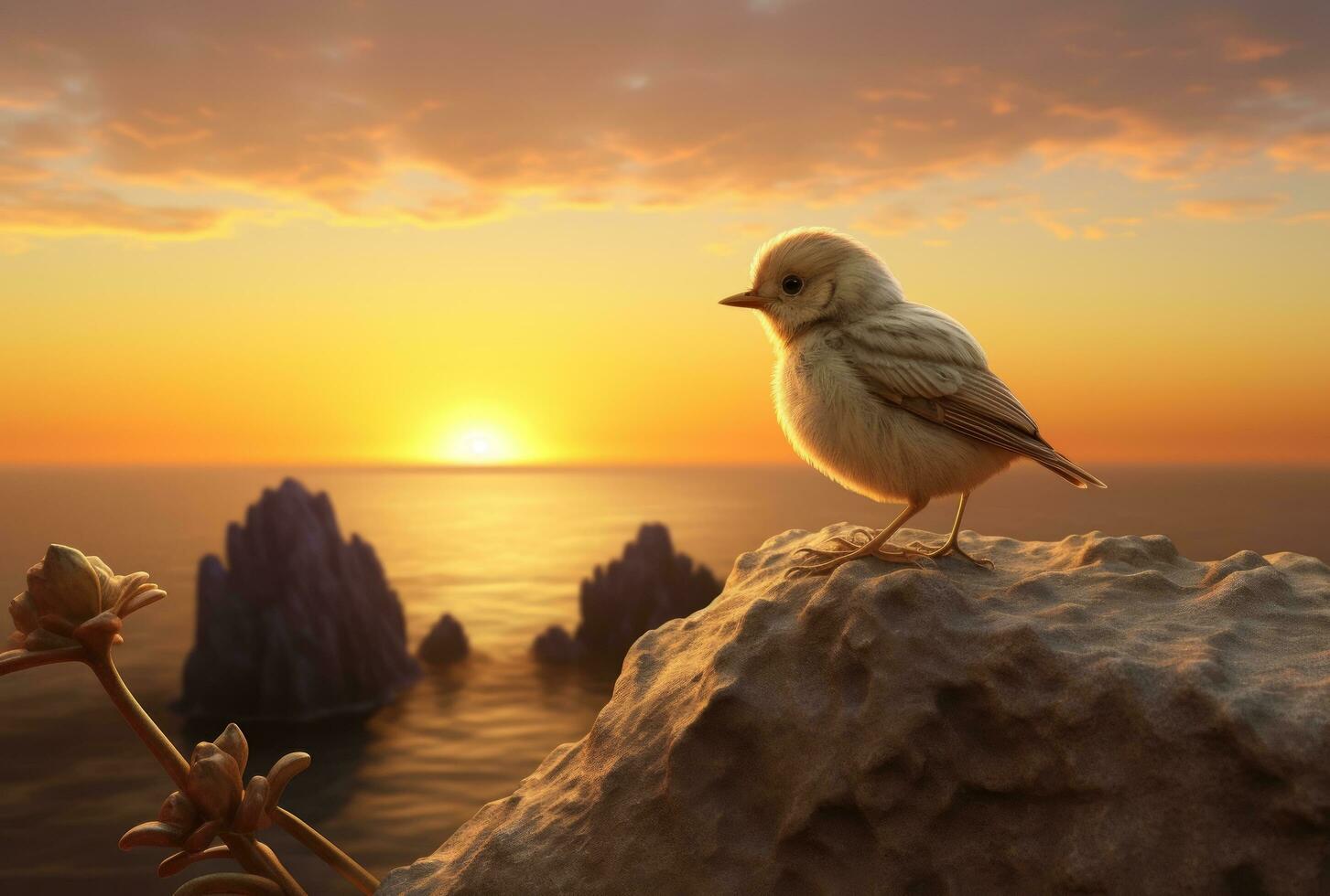 AI generated cute tiny bird standing on the rock at the end of sunset bird photo