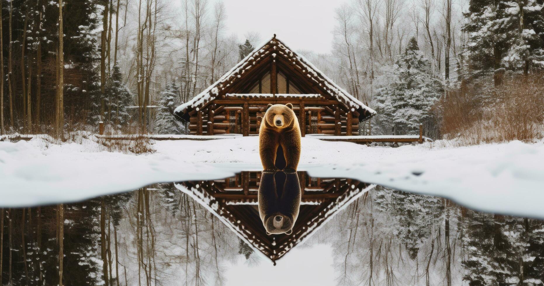 AI generated an image of a bear walking next to a log cabin photo