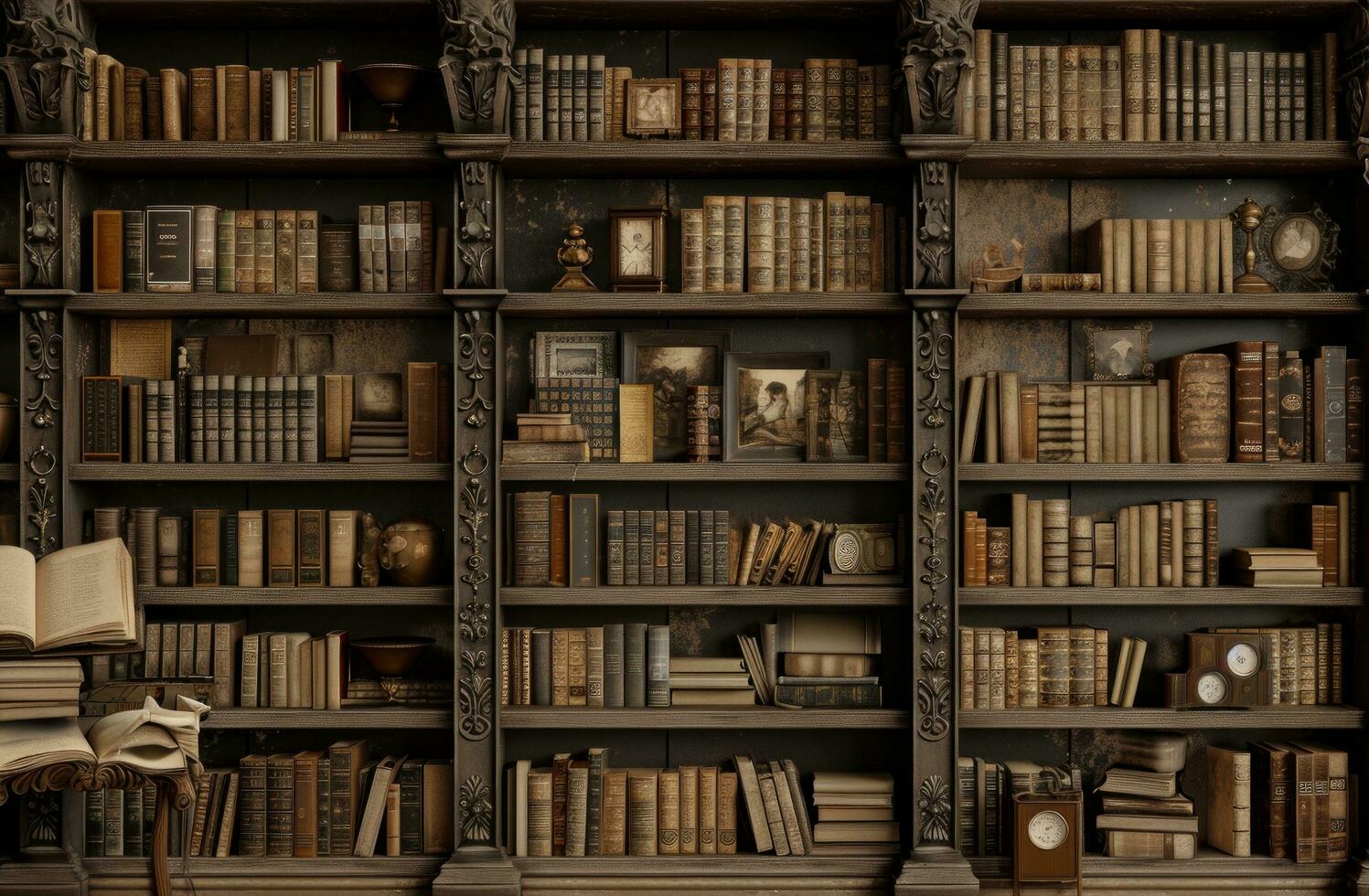 AI generated an example of the shelf above and below bookcases in an old library photo