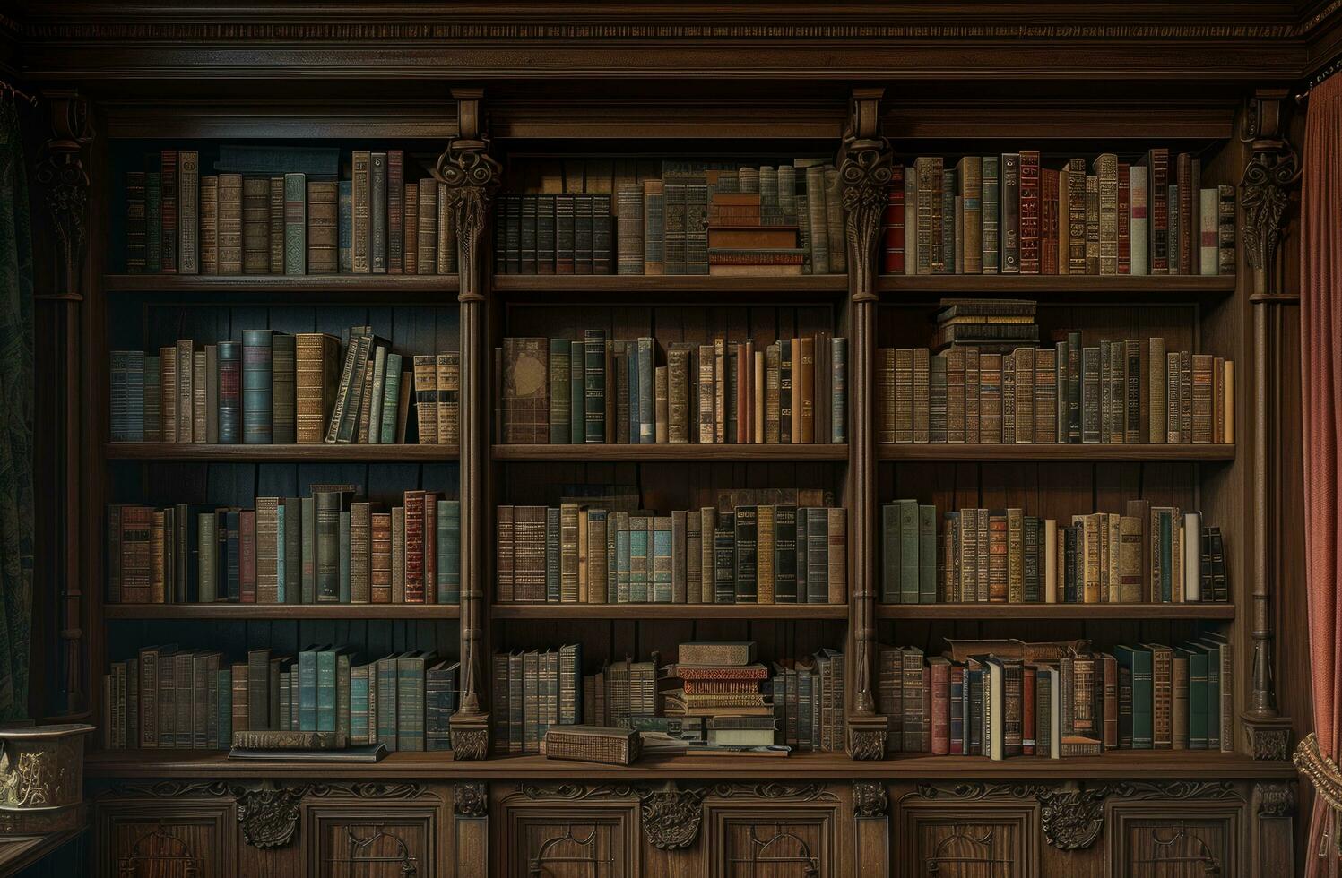 AI generated an example of the shelf above and below bookcases in an old library photo