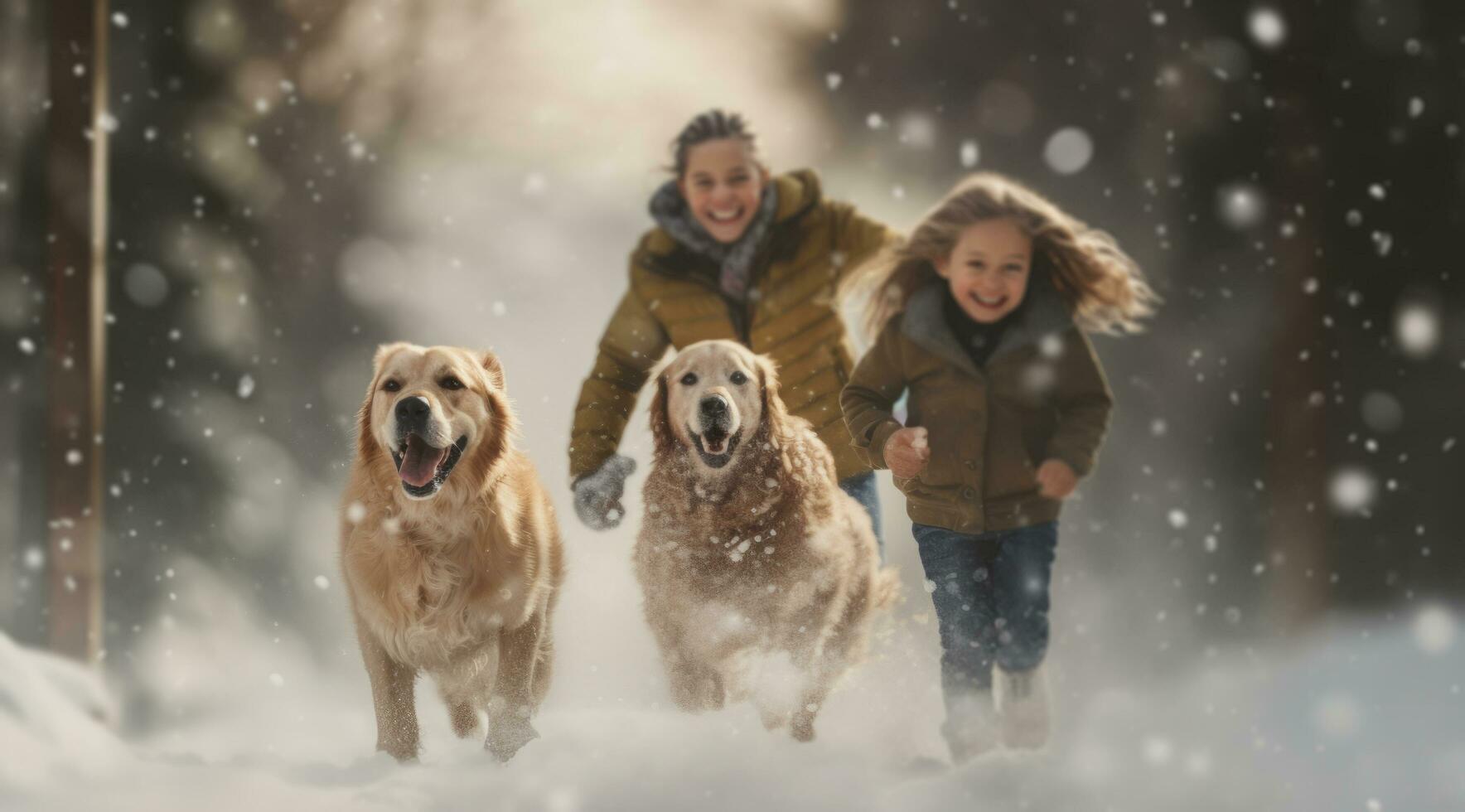 ai generado familia y perros corriendo mediante el nieve foto