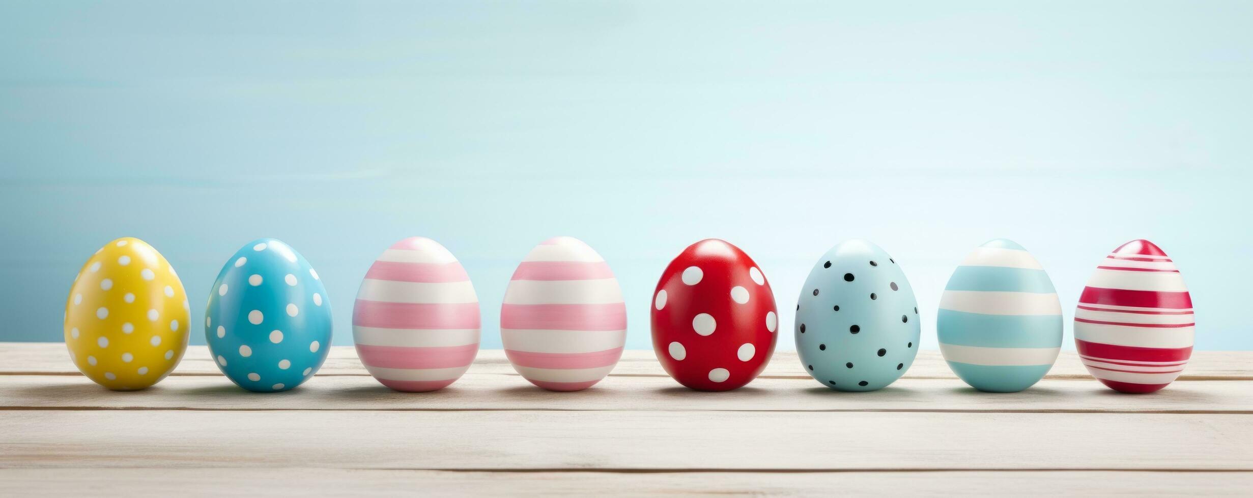 AI generated colorful easter eggs lined up on a wooden table photo