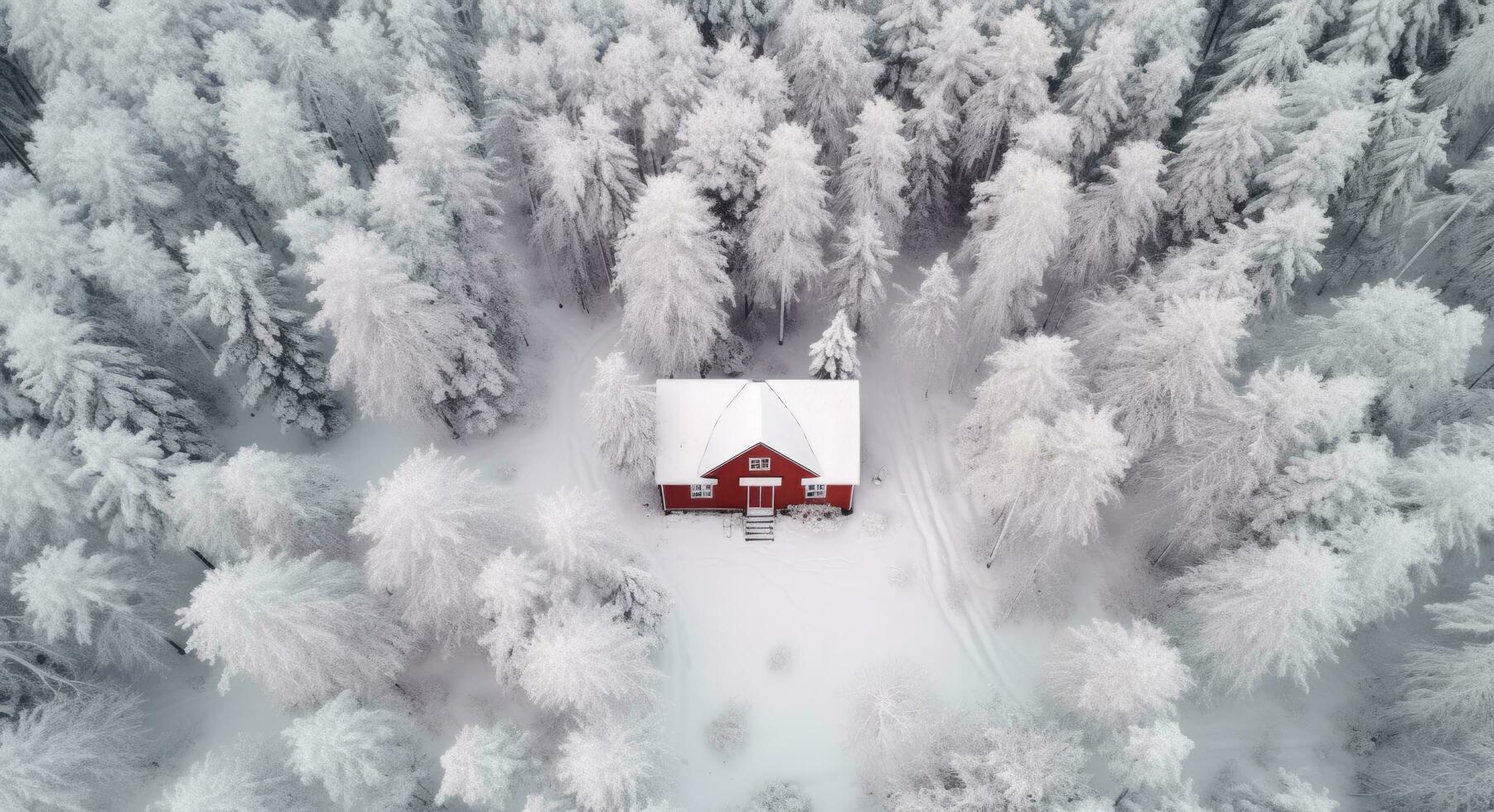 AI generated aerial view of a red house in winter forest photo