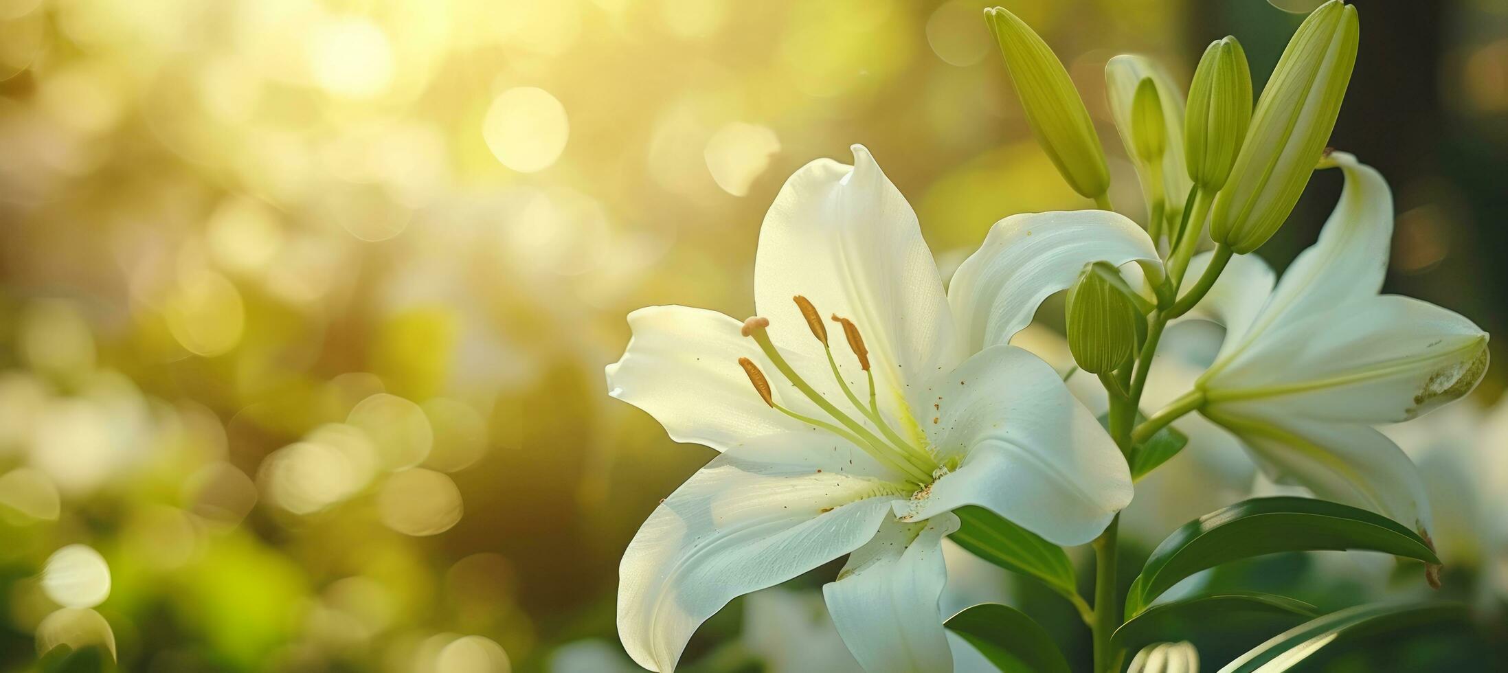 AI generated white lilies against a sunny background photo