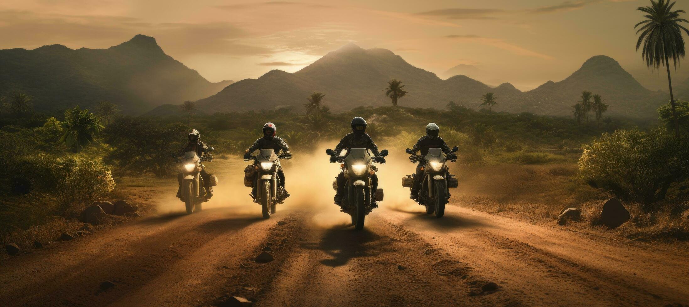 AI generated four motorcycles on a dirt road photo