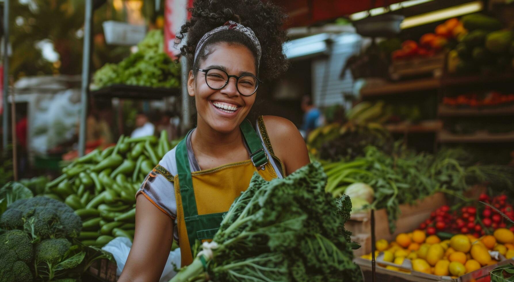 ai generado hembra urbano granjero sonriente con carro conteniendo vegetales foto