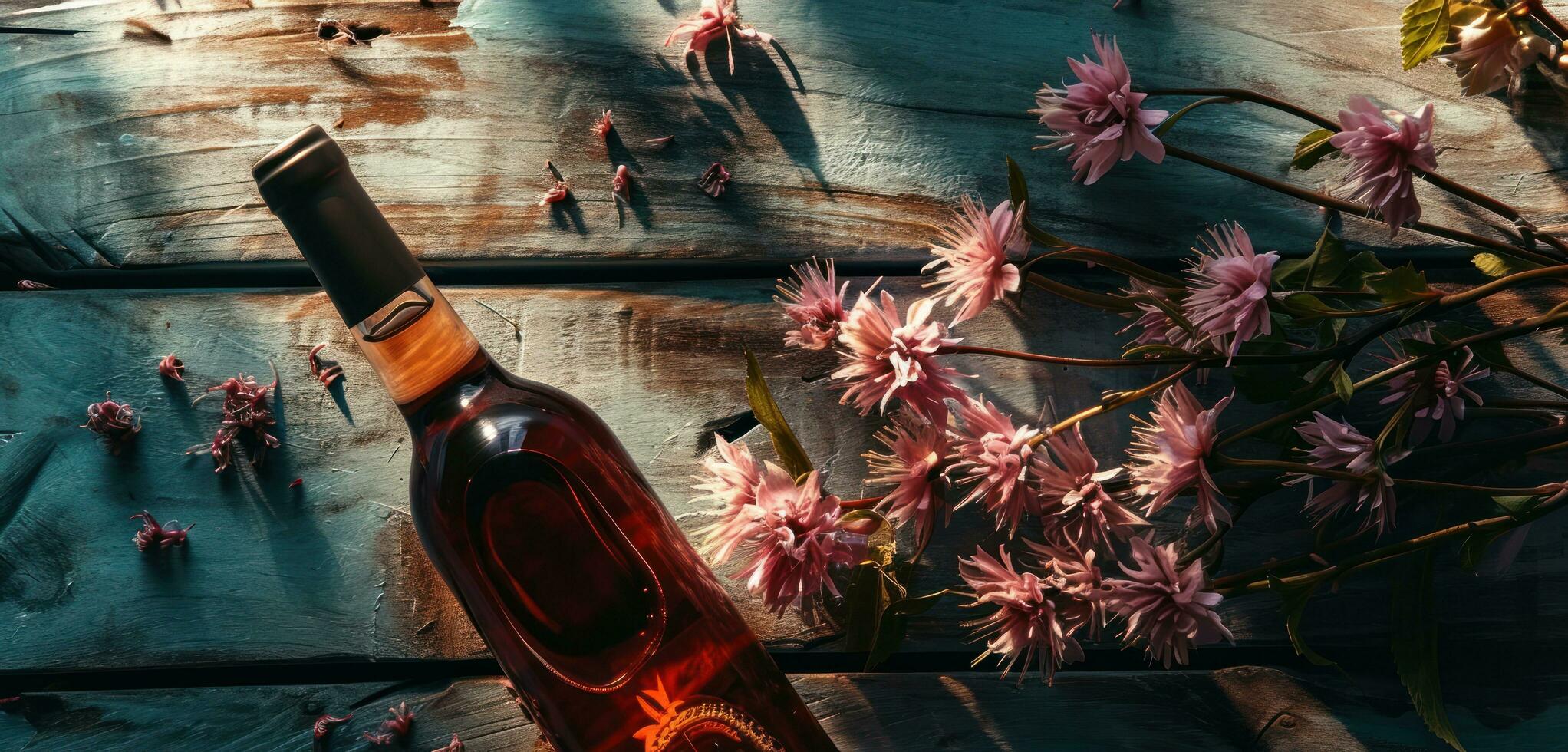 AI generated a bottle of pink wine and some pink flowers on a wooden table photo