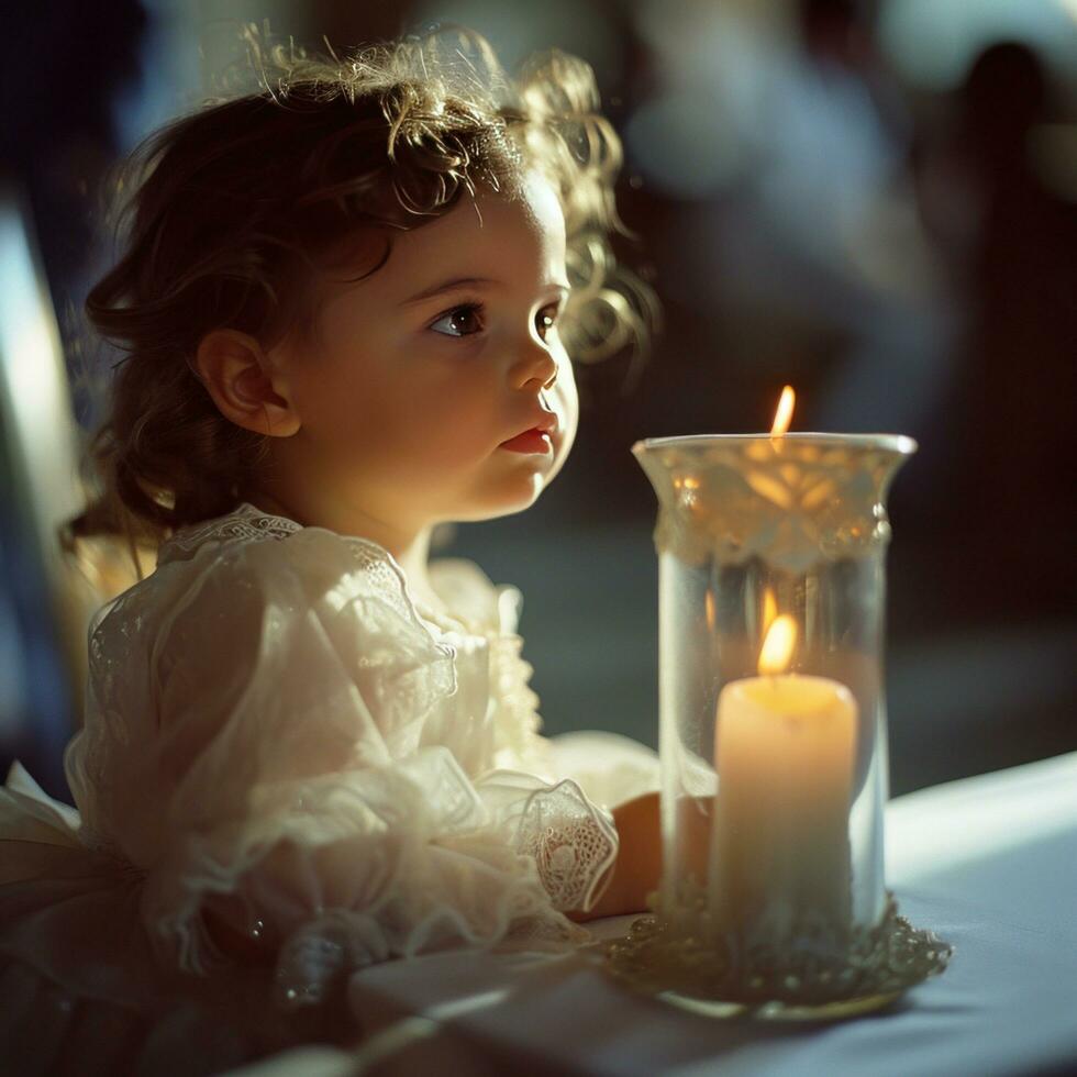 ai generado bautizo ceremonia invitación pequeño niña sentado siguiente a vela foto