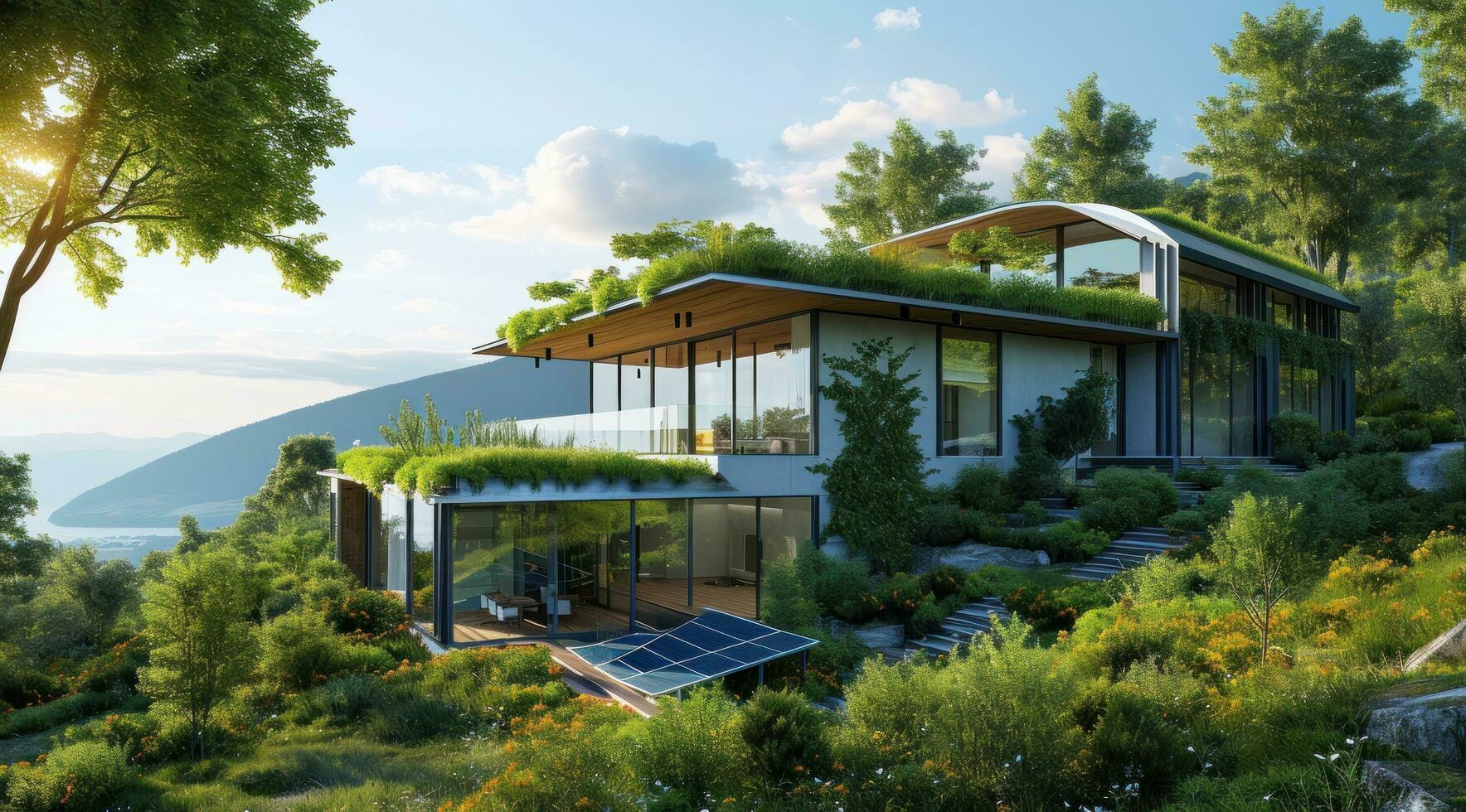 AI generated a home with green roofs and solar panels is shown photo