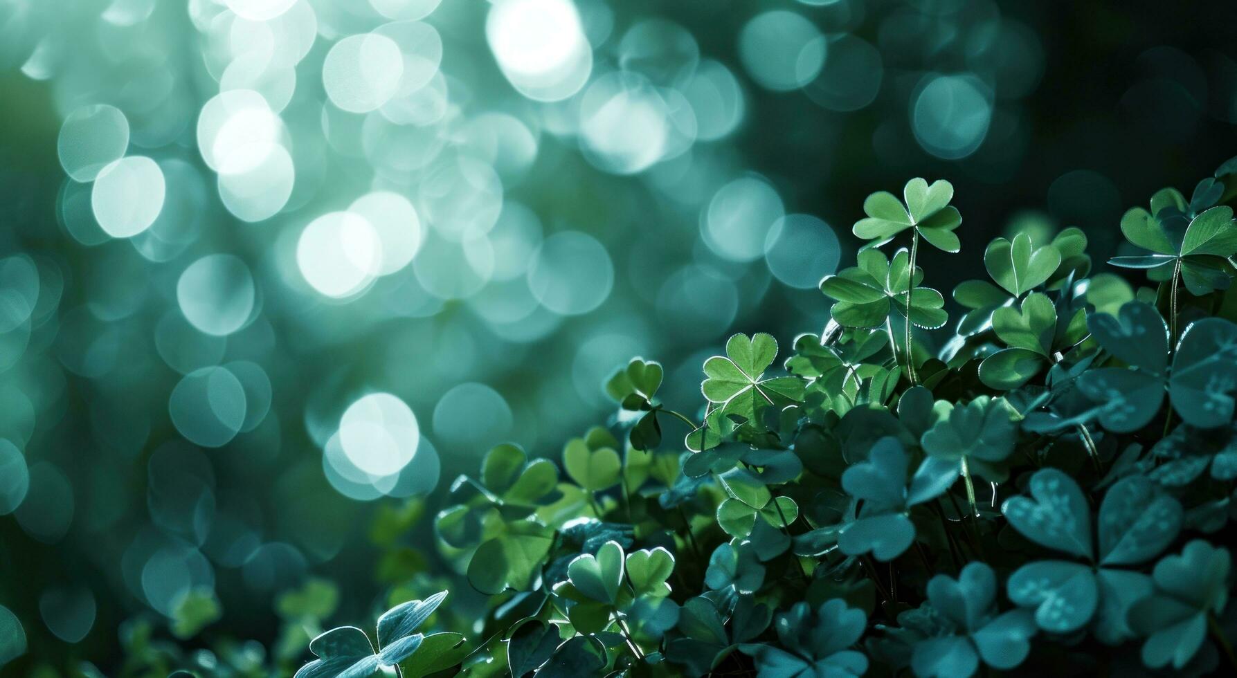 AI generated shamrock leaves on green background with bokeh photo